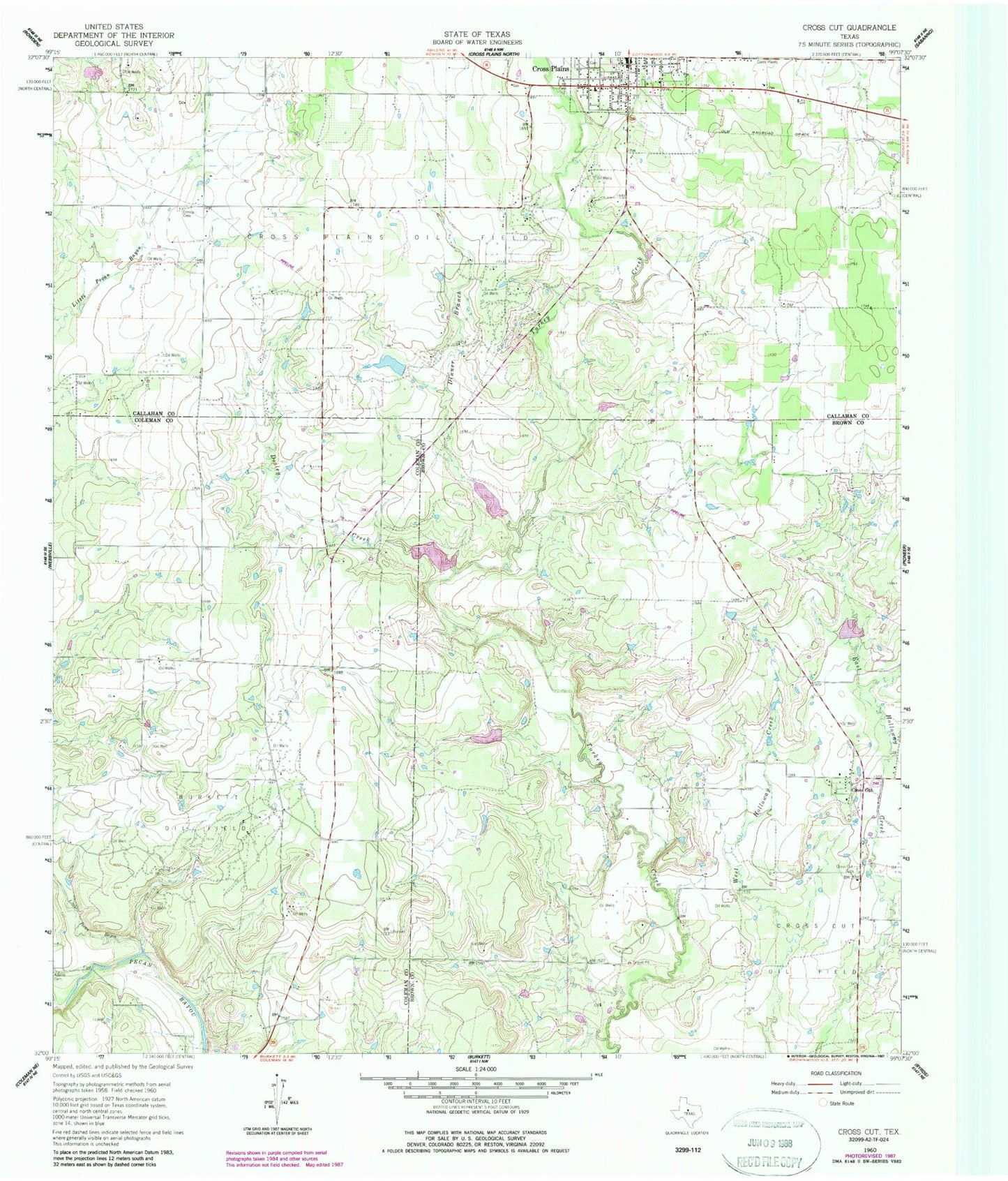 Classic USGS Cross Cut Texas 7.5'x7.5' Topo Map Image