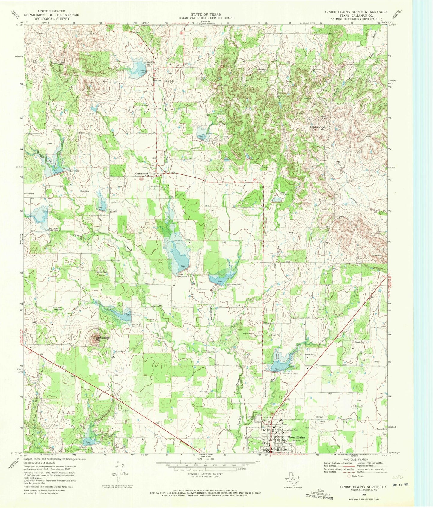 Classic USGS Cross Plains North Texas 7.5'x7.5' Topo Map Image