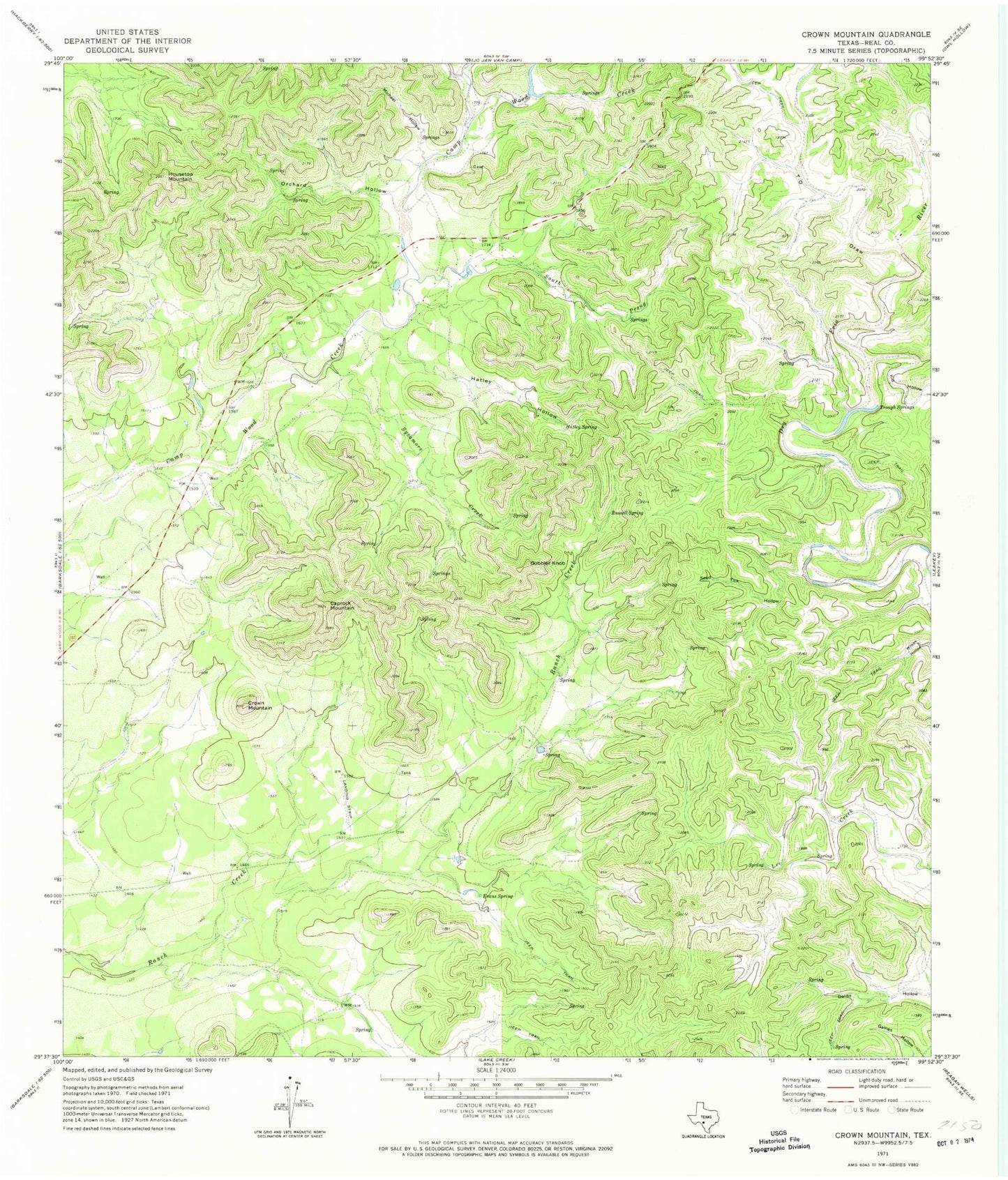 Classic USGS Crown Mountain Texas 7.5'x7.5' Topo Map Image