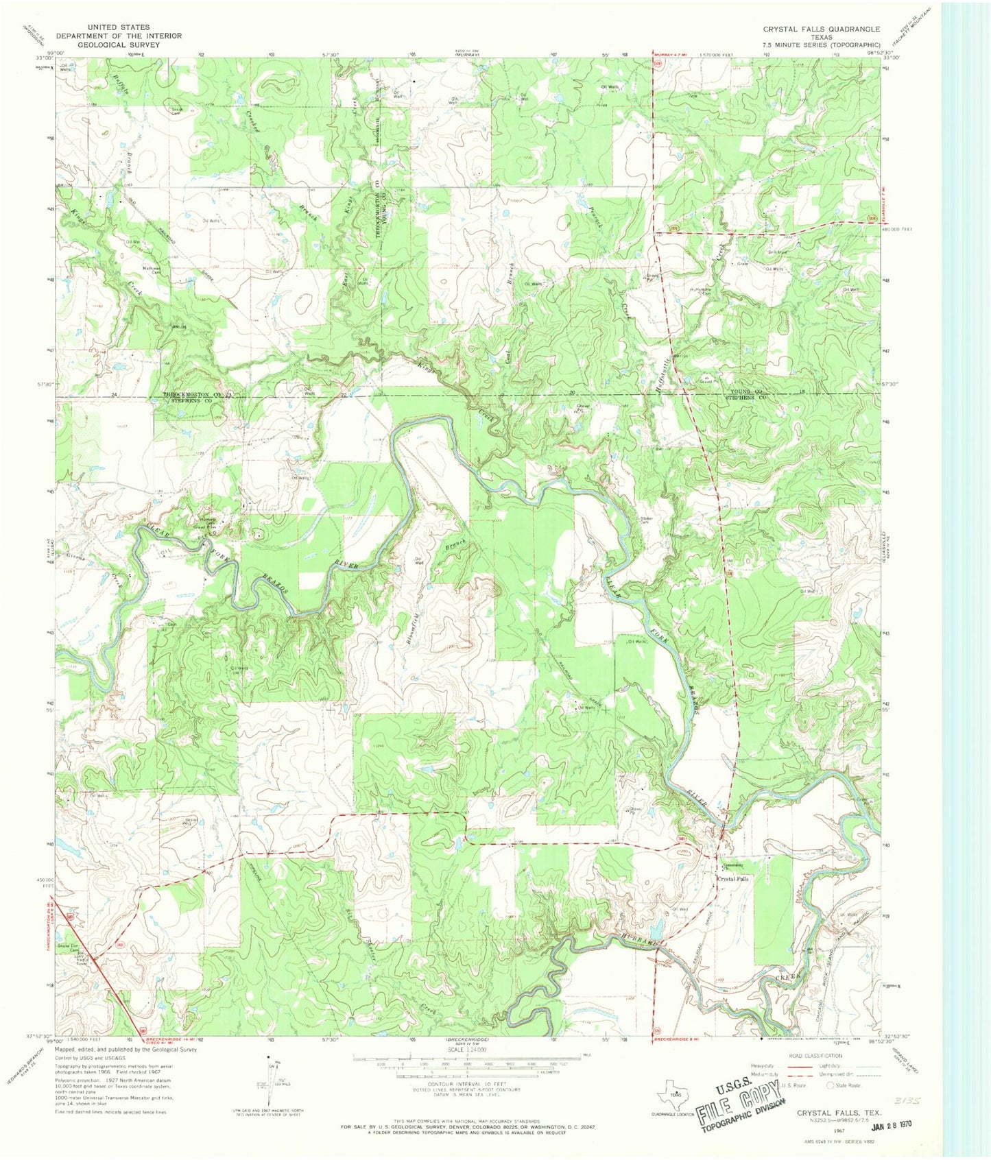 Classic USGS Crystal Falls Texas 7.5'x7.5' Topo Map Image