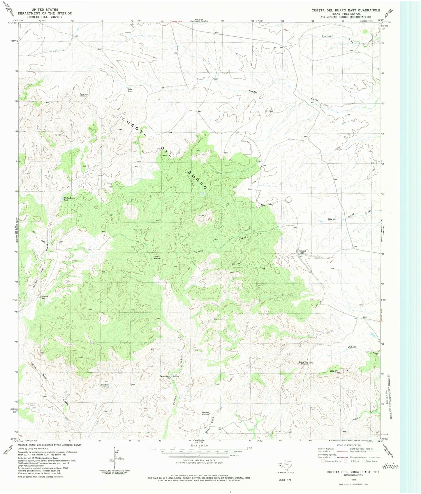 Classic USGS Cuesta Del Burro East Texas 7.5'x7.5' Topo Map Image