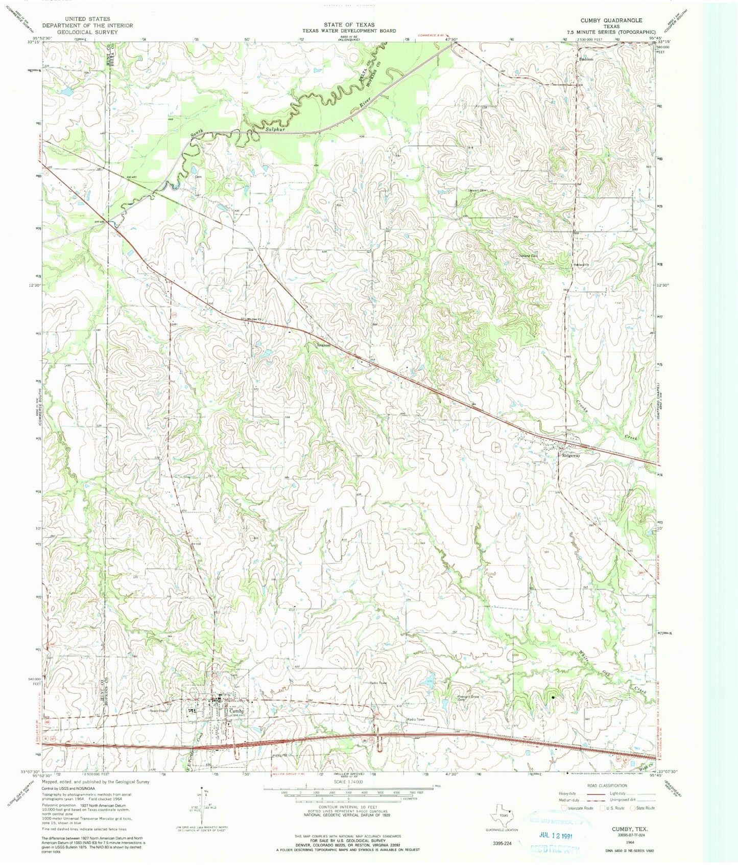 Classic USGS Cumby Texas 7.5'x7.5' Topo Map Image
