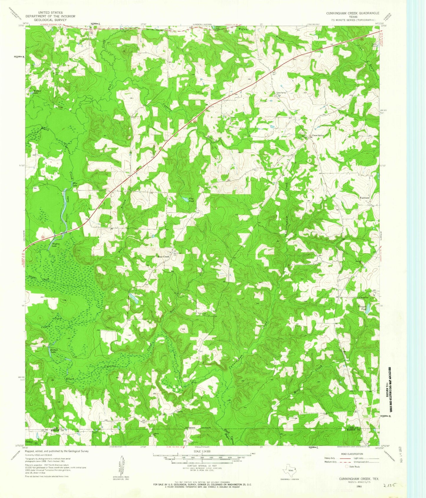 Classic USGS Cunningham Creek Texas 7.5'x7.5' Topo Map Image