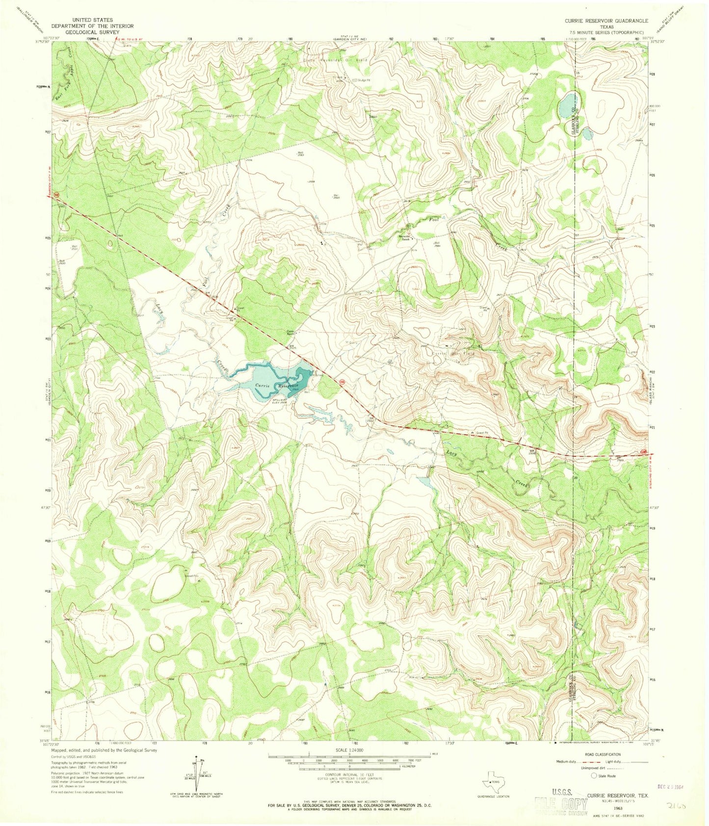 Classic USGS Currie Reservoir Texas 7.5'x7.5' Topo Map Image