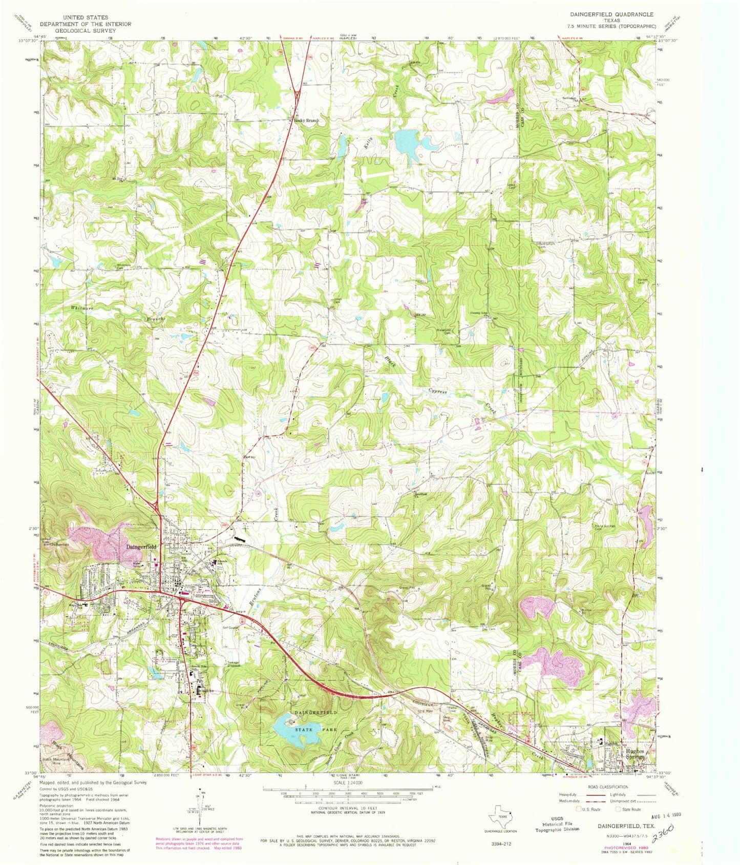 Classic USGS Daingerfield Texas 7.5'x7.5' Topo Map Image