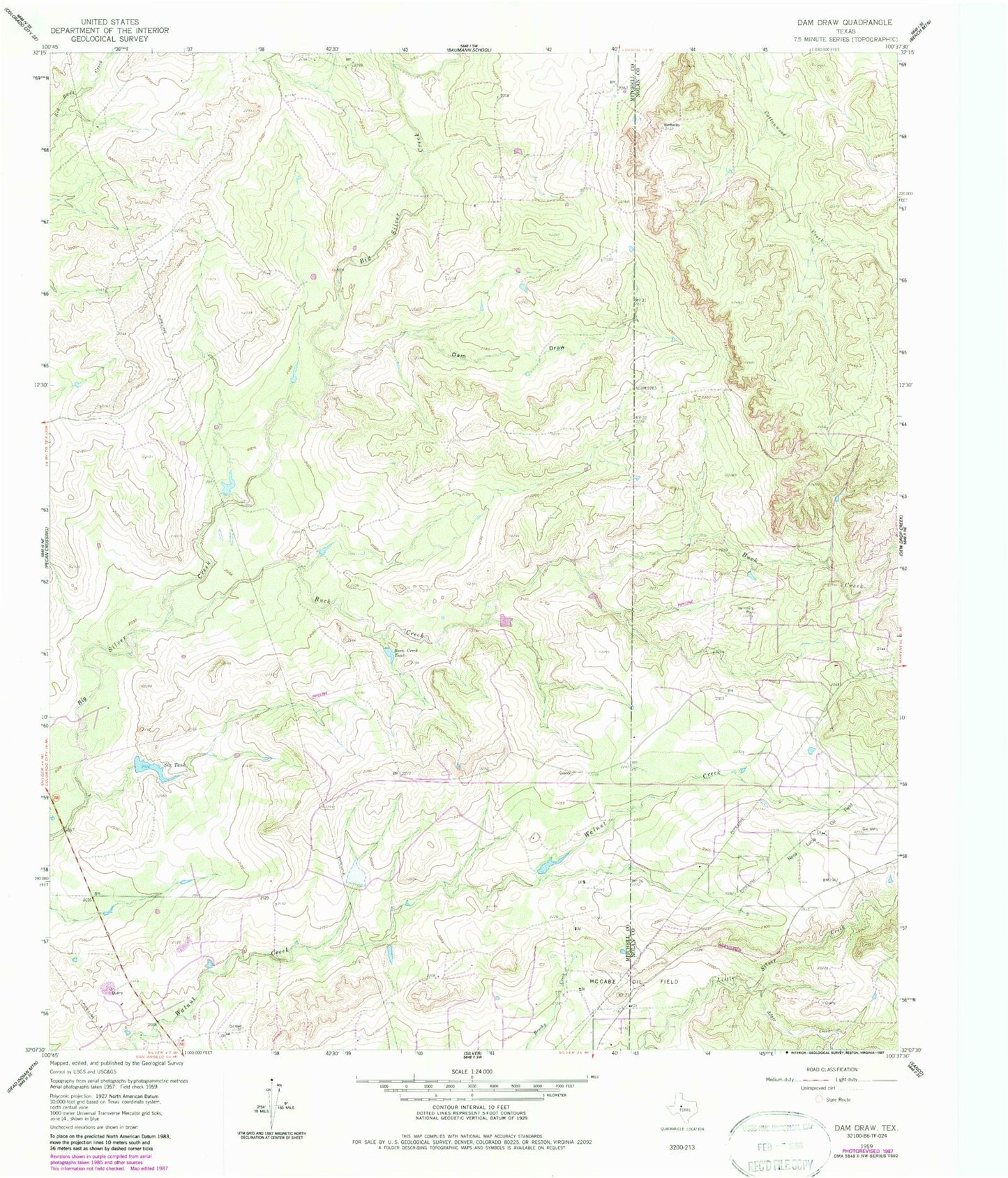 Classic USGS Dam Draw Texas 7.5'x7.5' Topo Map Image