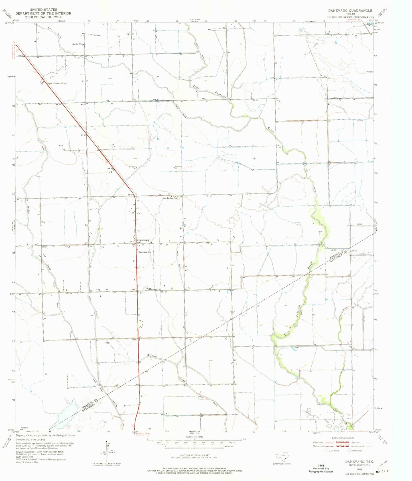 Classic USGS Danevang Texas 7.5'x7.5' Topo Map Image