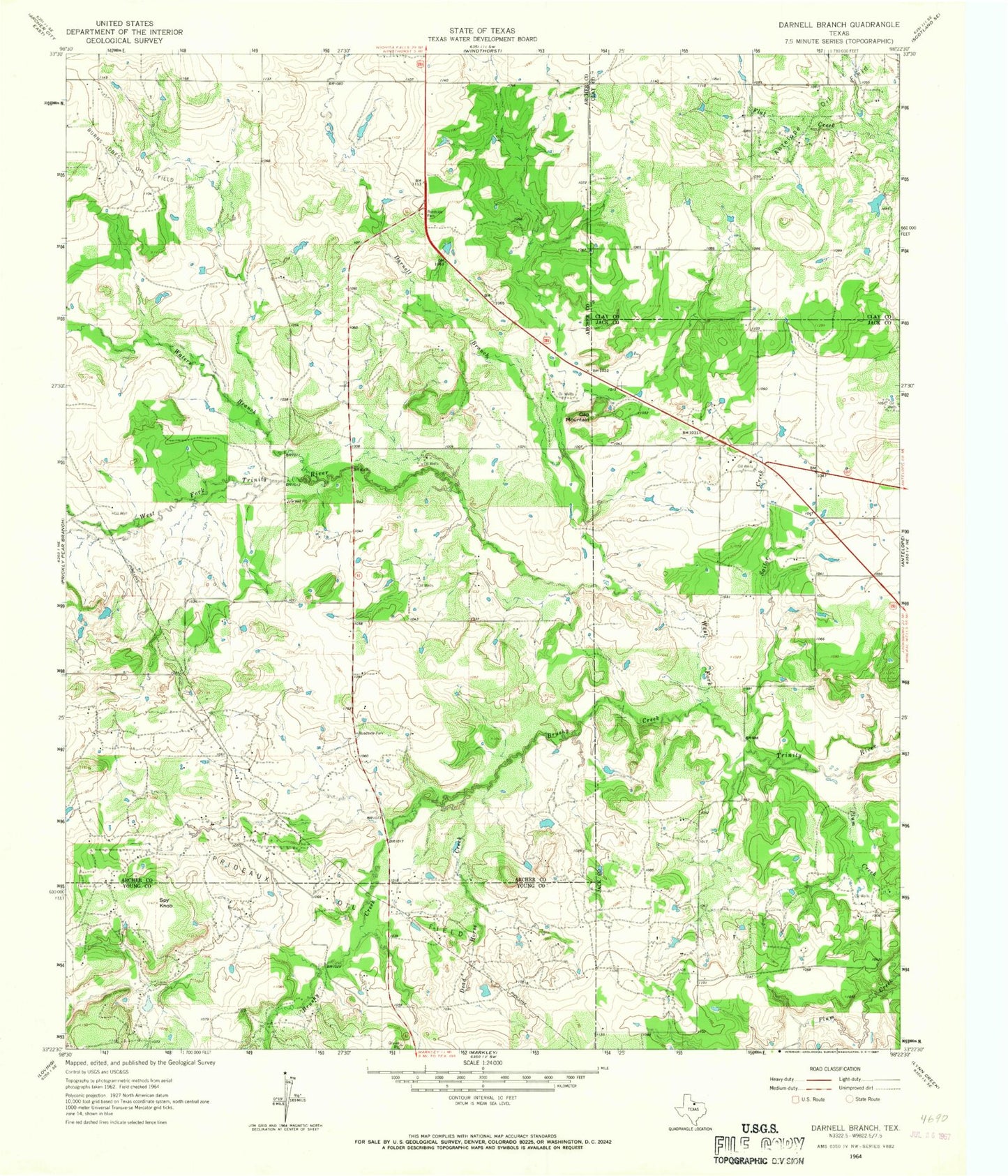 Classic USGS Darnell Branch Texas 7.5'x7.5' Topo Map Image