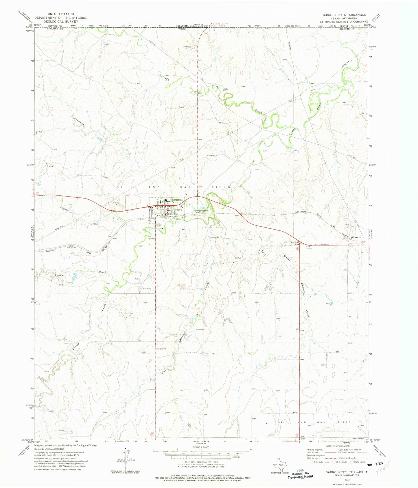 Classic USGS Darrouzett Texas 7.5'x7.5' Topo Map Image