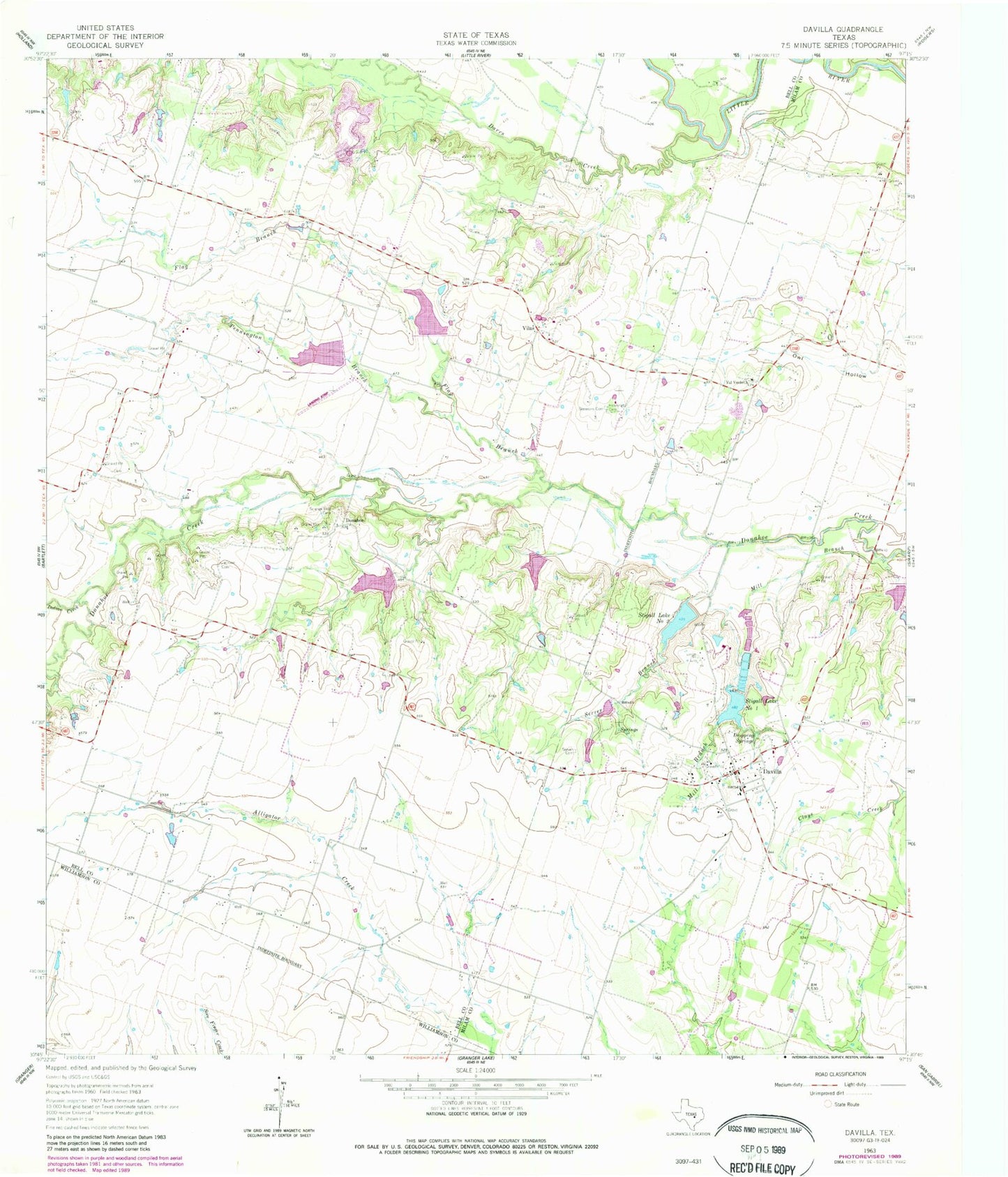 Classic USGS Davilla Texas 7.5'x7.5' Topo Map Image