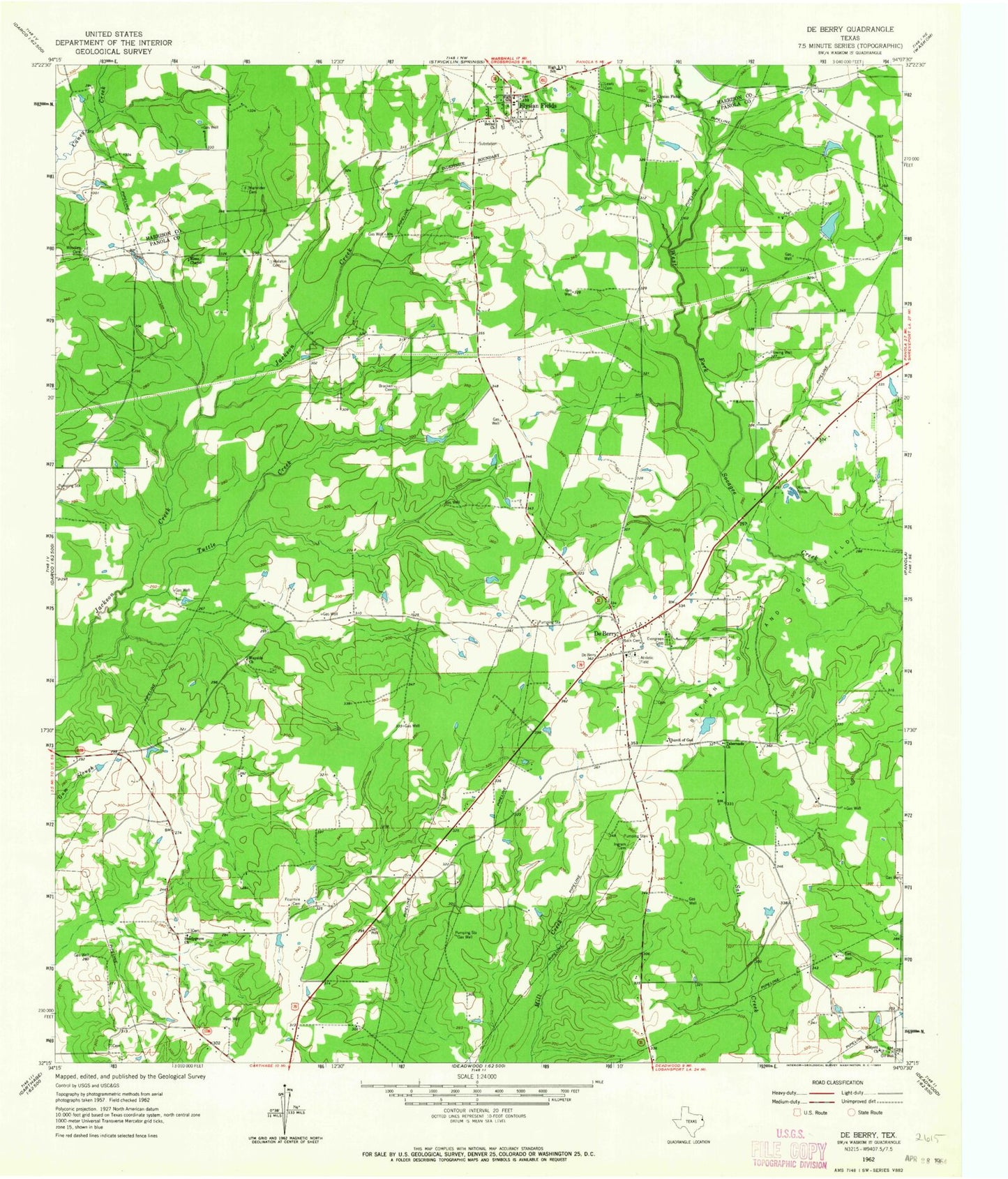 Classic USGS De Berry Texas 7.5'x7.5' Topo Map Image