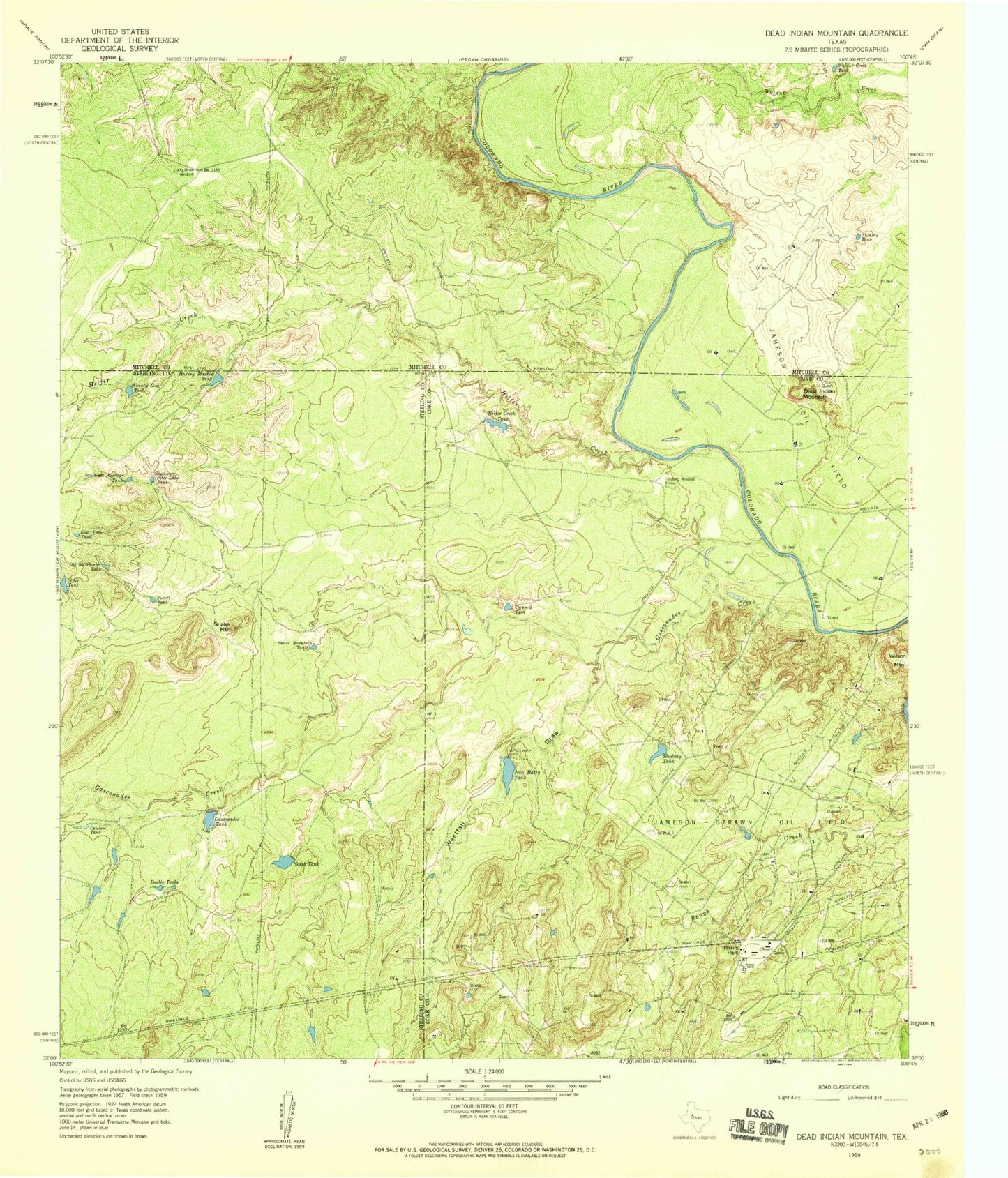 Classic USGS Dead Indian Mountain Texas 7.5'x7.5' Topo Map Image