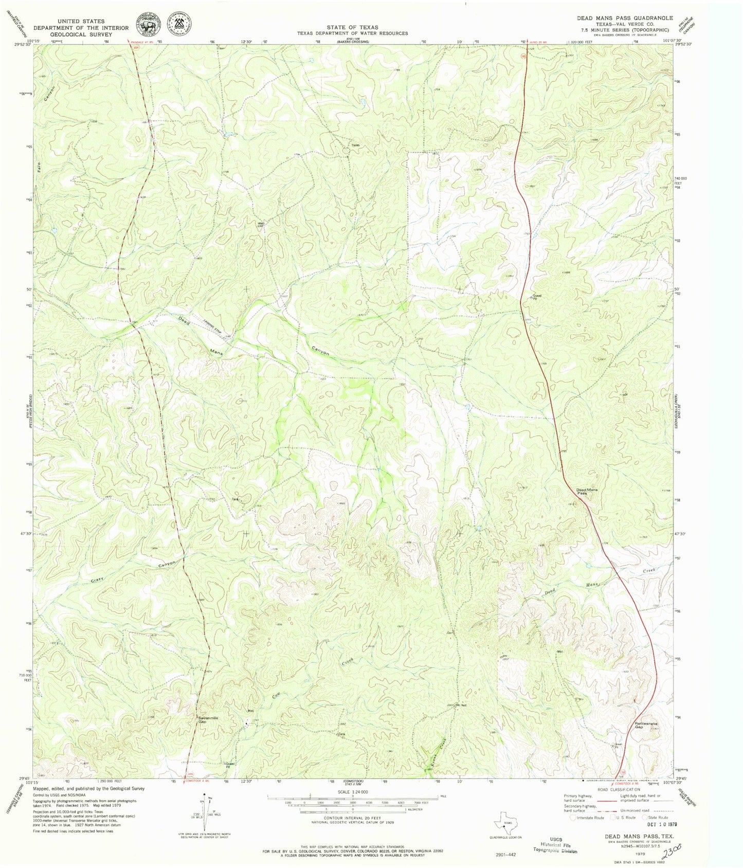 Classic USGS Dead Mans Pass Texas 7.5'x7.5' Topo Map Image