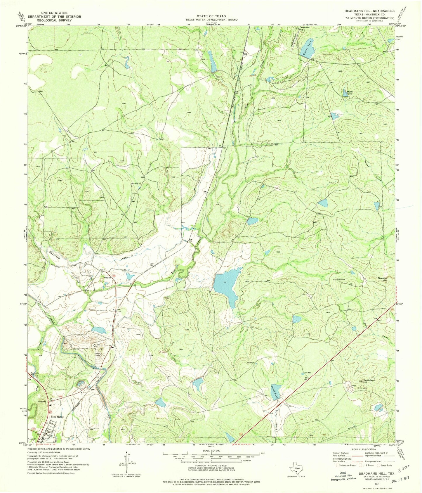 Classic USGS Deadmans Hill Texas 7.5'x7.5' Topo Map Image