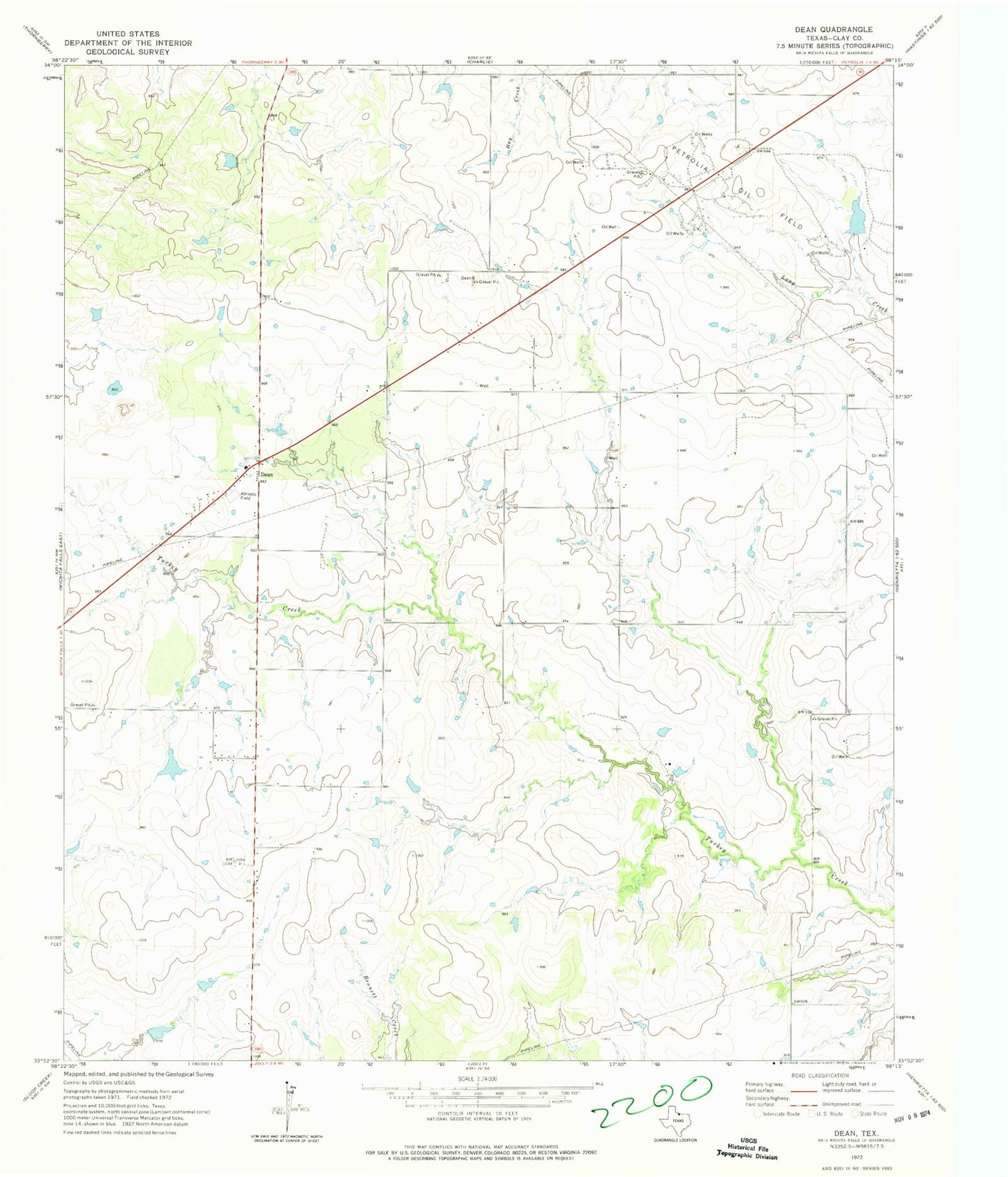 Classic USGS Dean Texas 7.5'x7.5' Topo Map Image