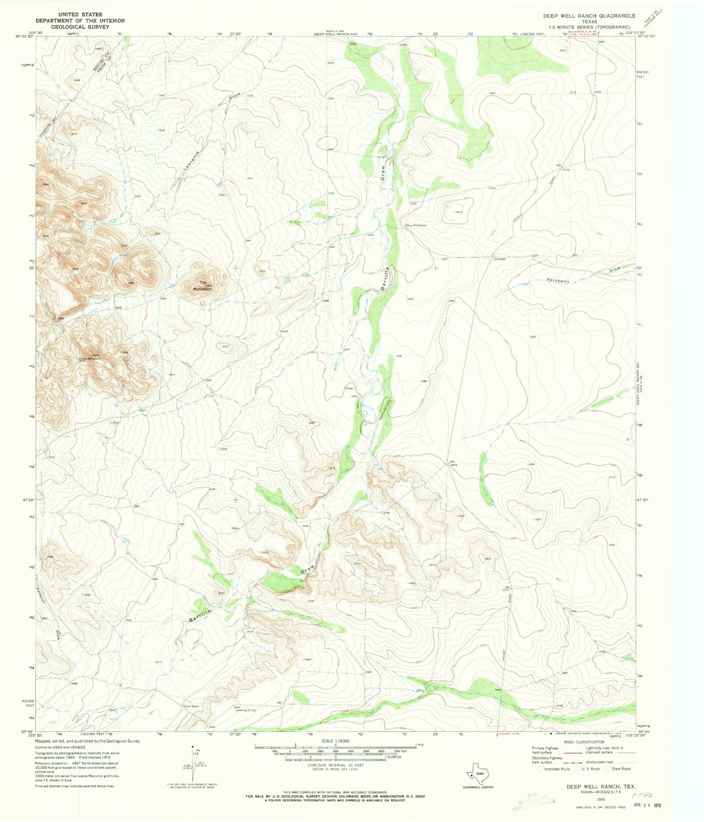Classic USGS Deep Well Ranch Texas 7.5'x7.5' Topo Map Image