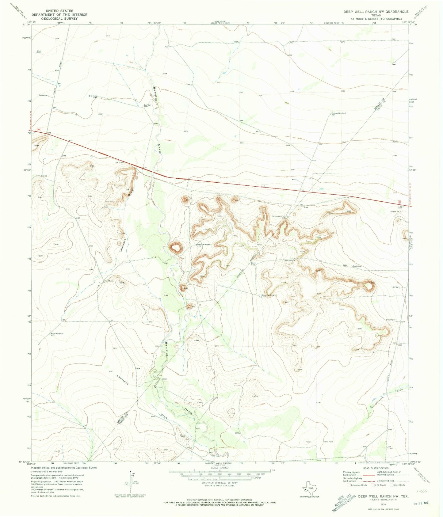 Classic USGS Deep Well Ranch NW Texas 7.5'x7.5' Topo Map Image