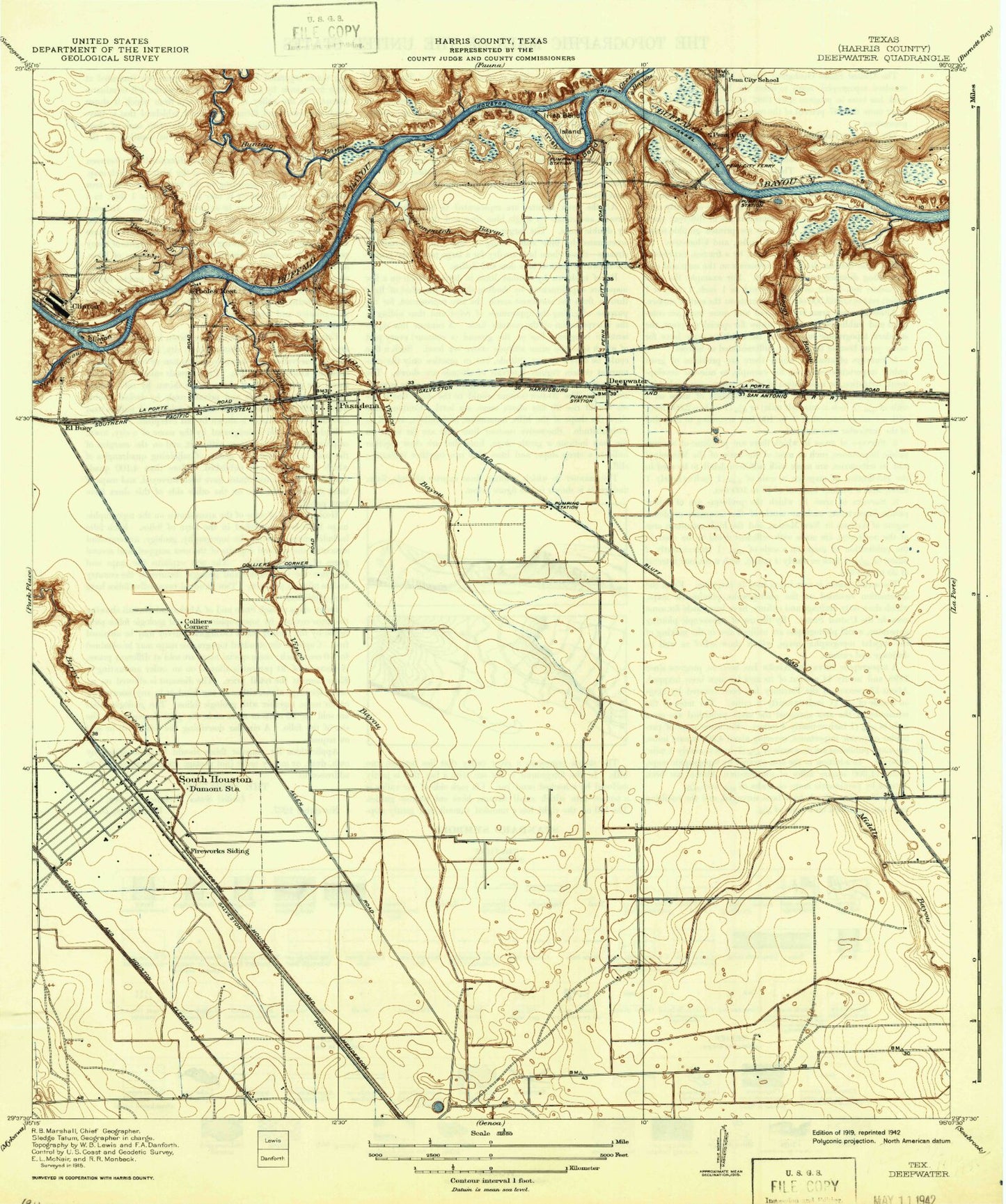 Classic USGS Pasadena Texas 7.5'x7.5' Topo Map Image