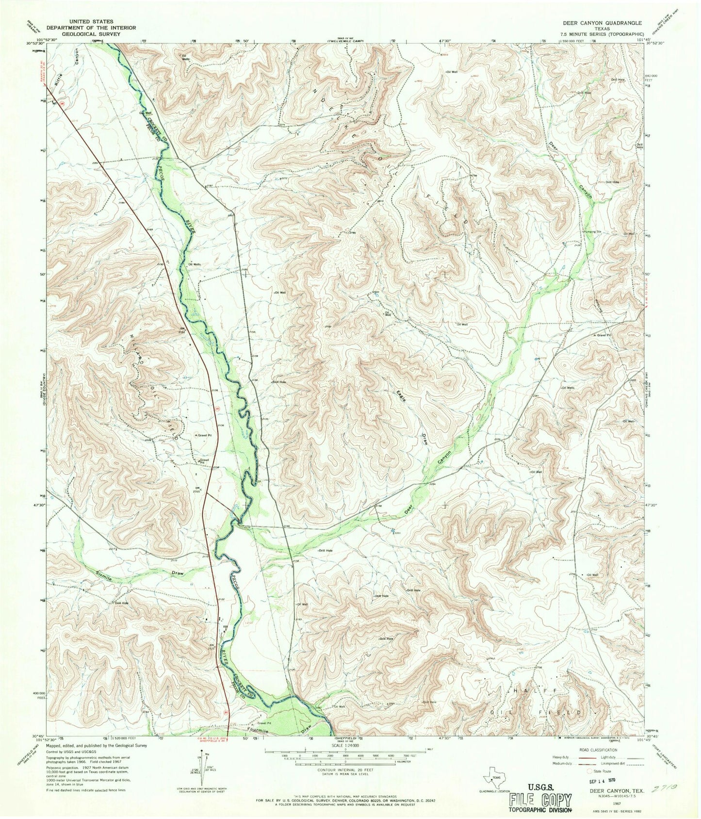 Classic USGS Deer Canyon Texas 7.5'x7.5' Topo Map Image