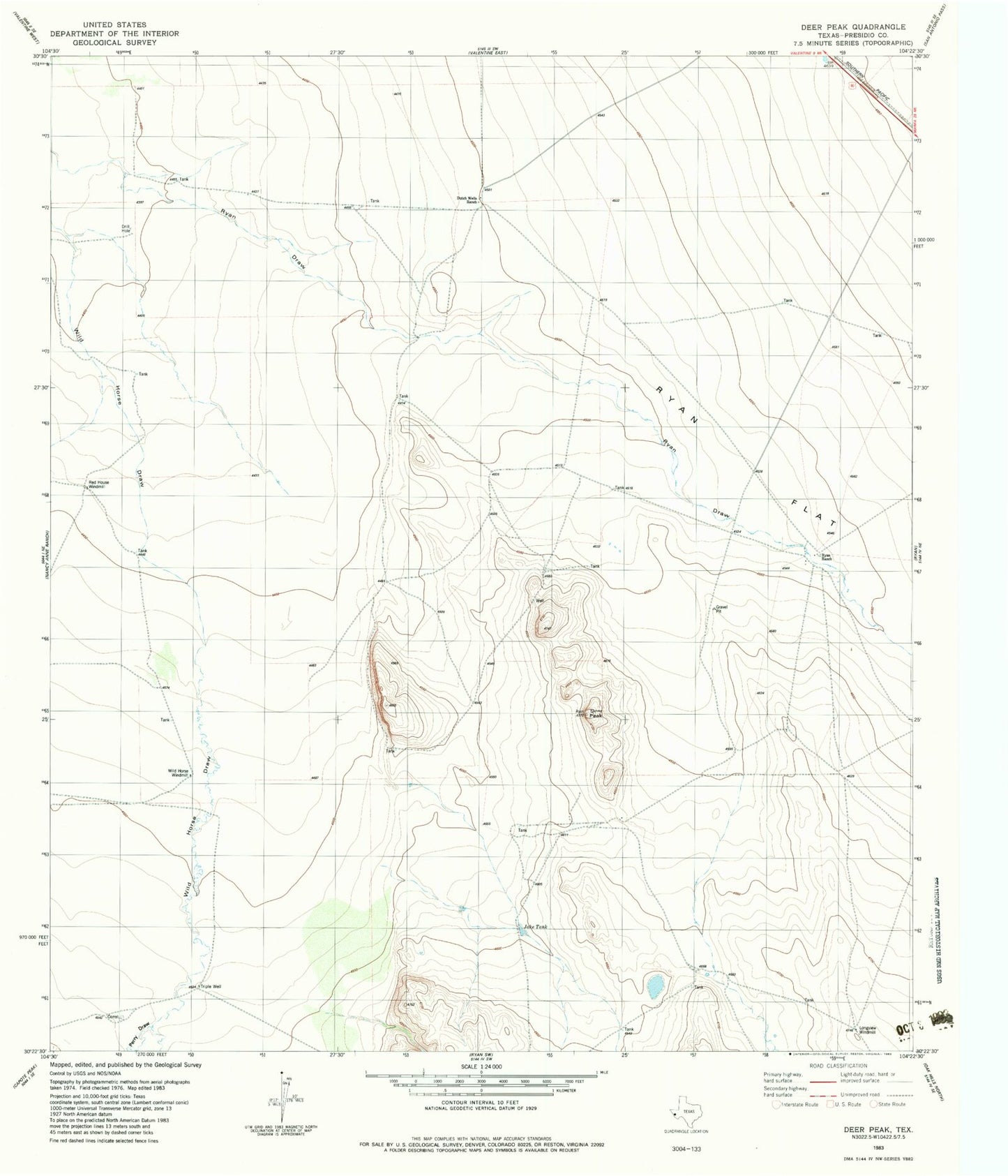 Classic USGS Deer Peak Texas 7.5'x7.5' Topo Map Image