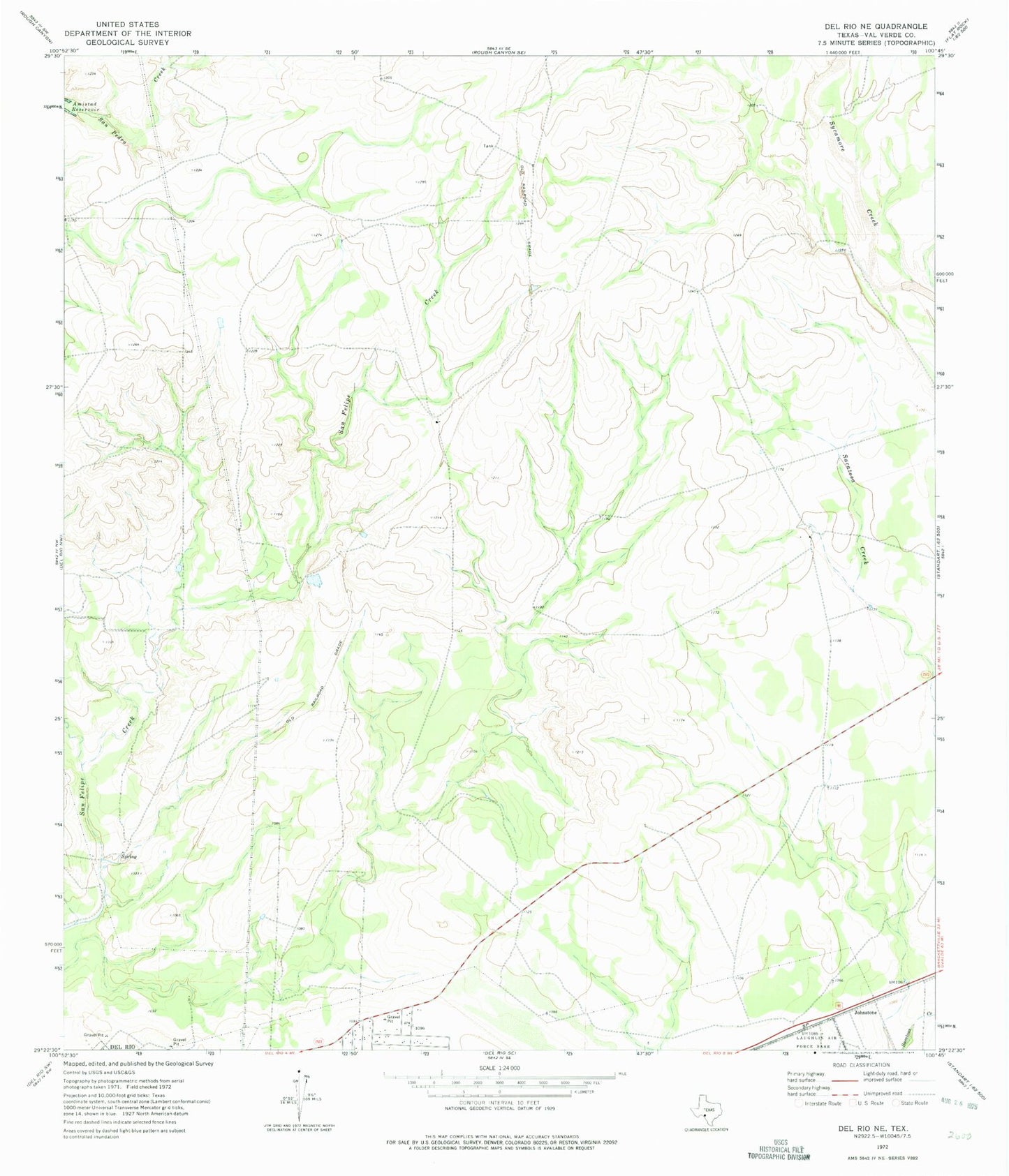 Classic USGS Del Rio NE Texas 7.5'x7.5' Topo Map Image