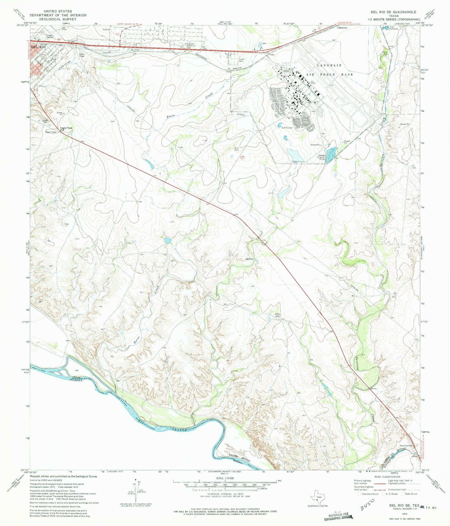 Classic USGS Del Rio SE Texas 7.5'x7.5' Topo Map Image