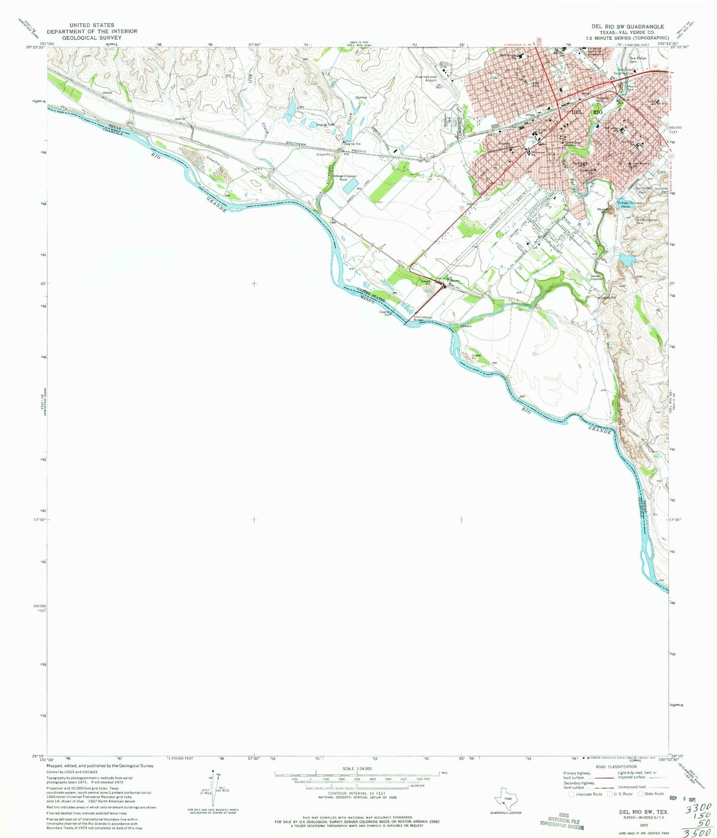 Classic USGS Del Rio SW Texas 7.5'x7.5' Topo Map Image