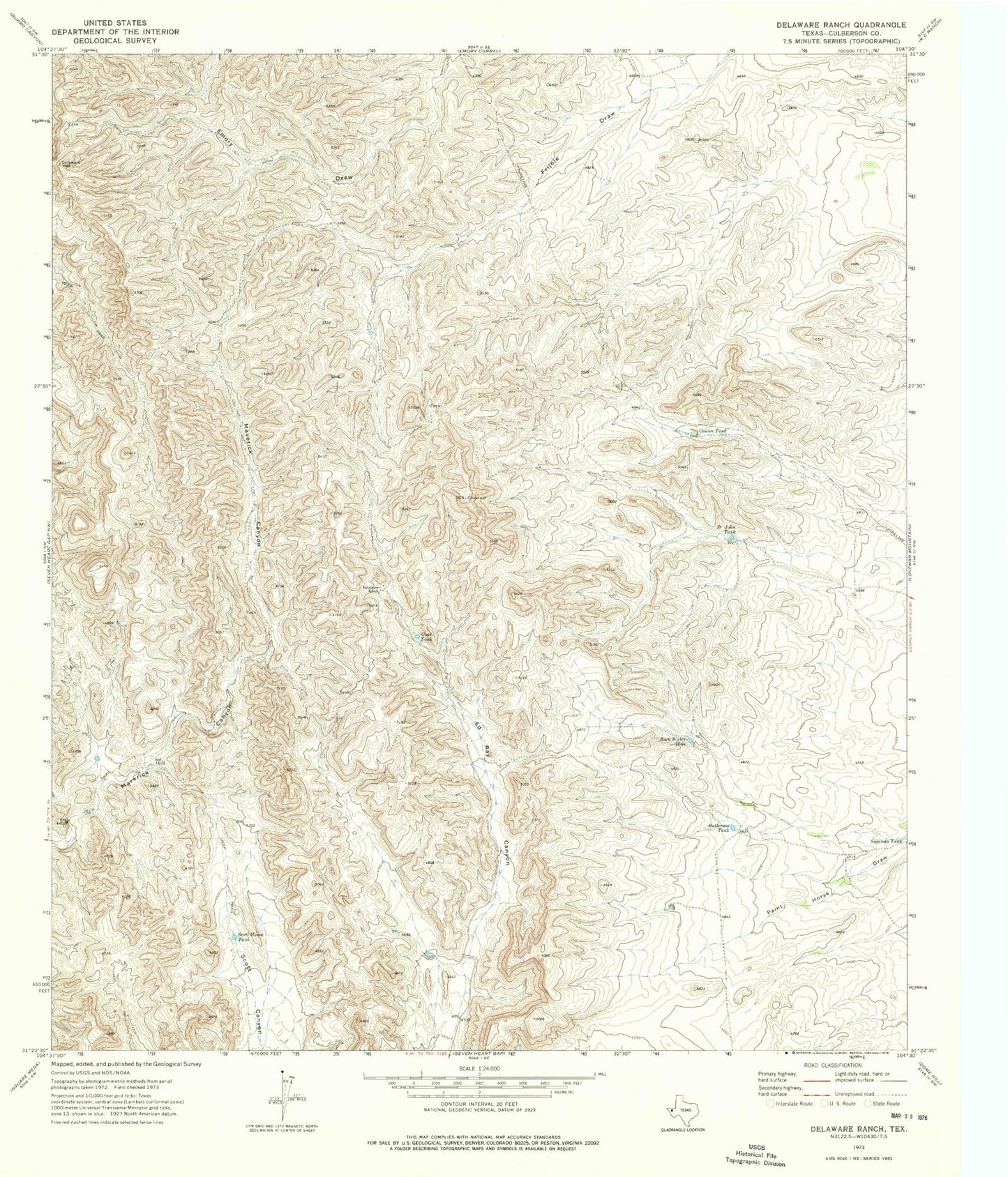 Classic USGS Delaware Ranch Texas 7.5'x7.5' Topo Map Image