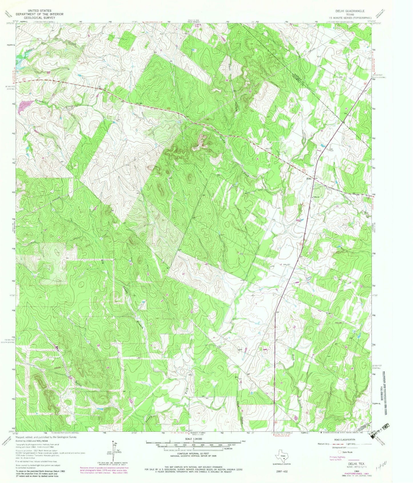 Classic USGS Delhi Texas 7.5'x7.5' Topo Map Image