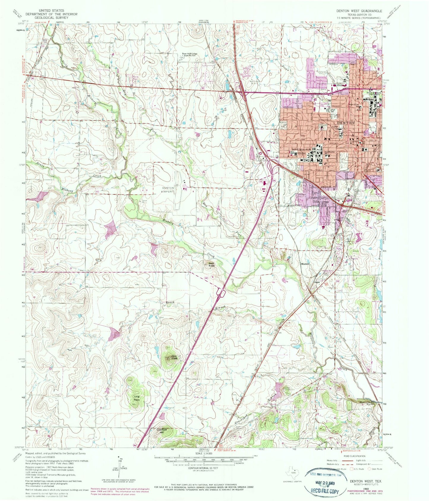 Classic USGS Denton West Texas 7.5'x7.5' Topo Map Image