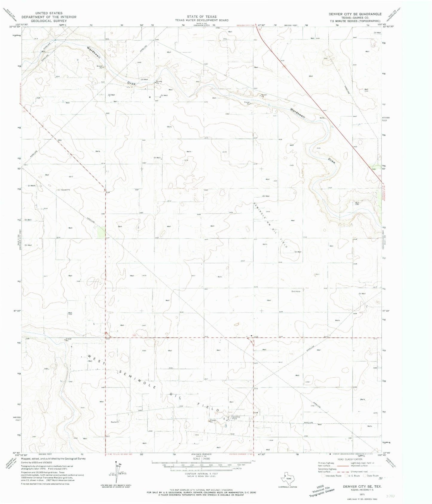 Classic USGS Denver City SE Texas 7.5'x7.5' Topo Map Image