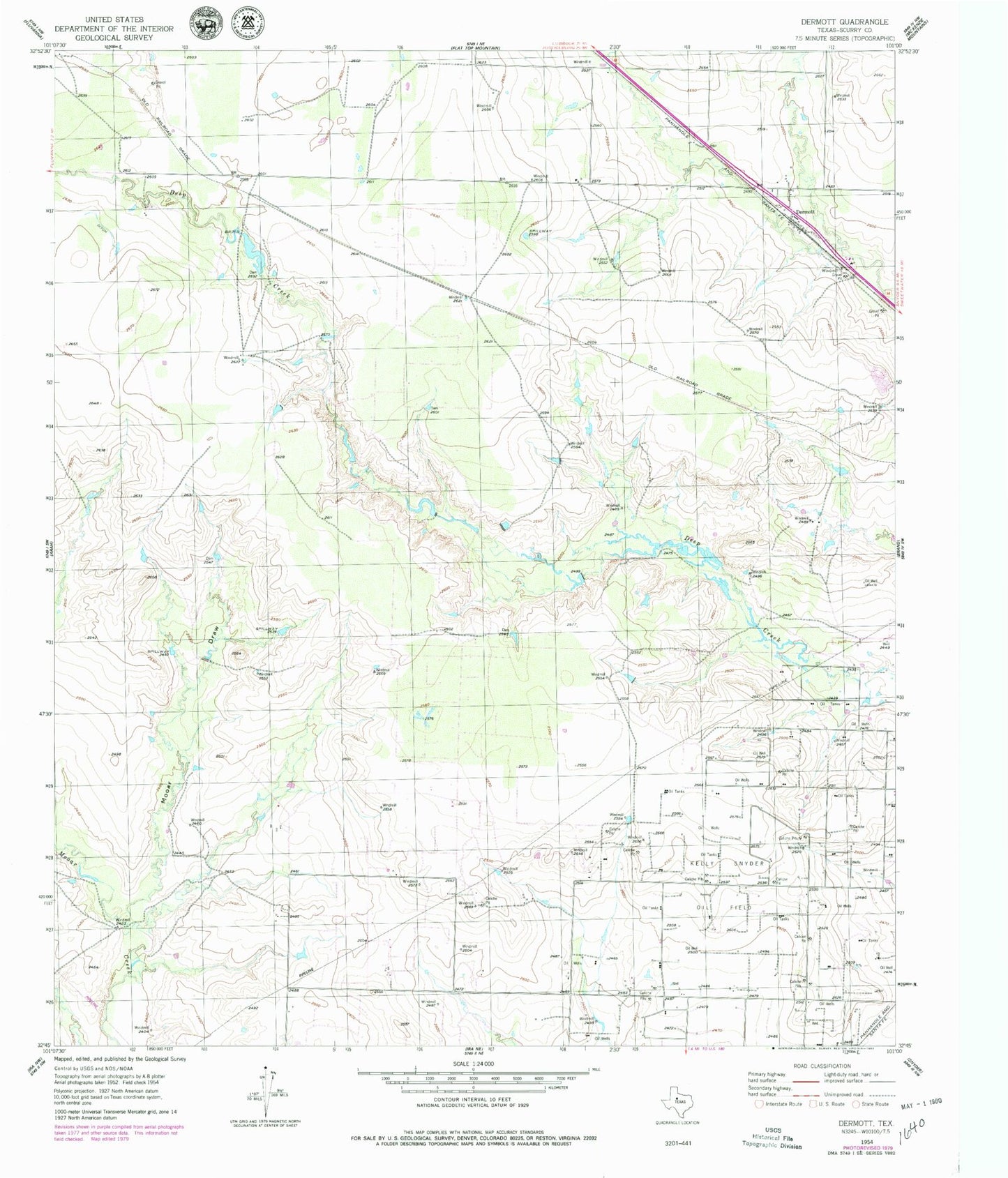 Classic USGS Dermott Texas 7.5'x7.5' Topo Map Image