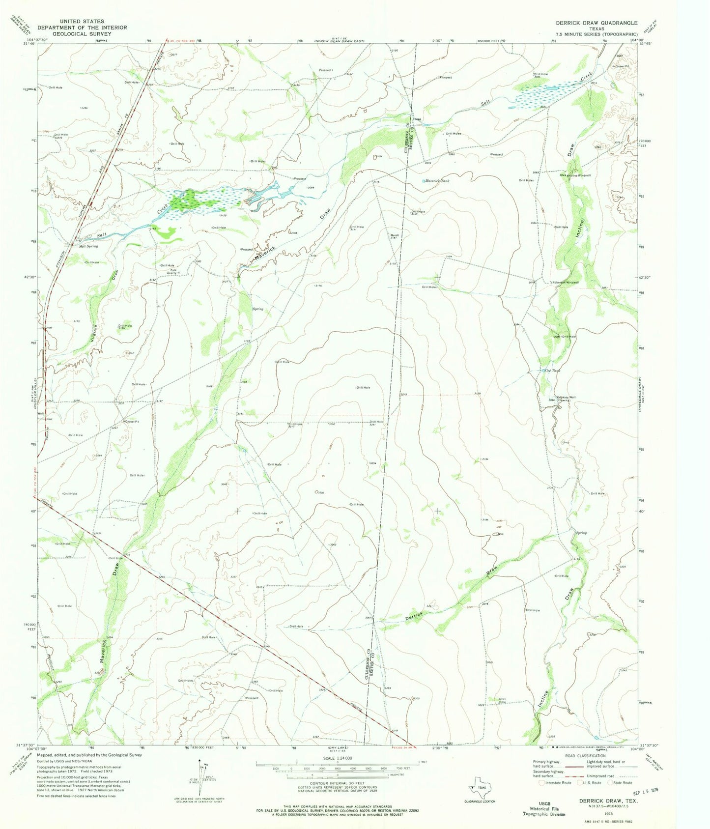 Classic USGS Derrick Draw Texas 7.5'x7.5' Topo Map Image