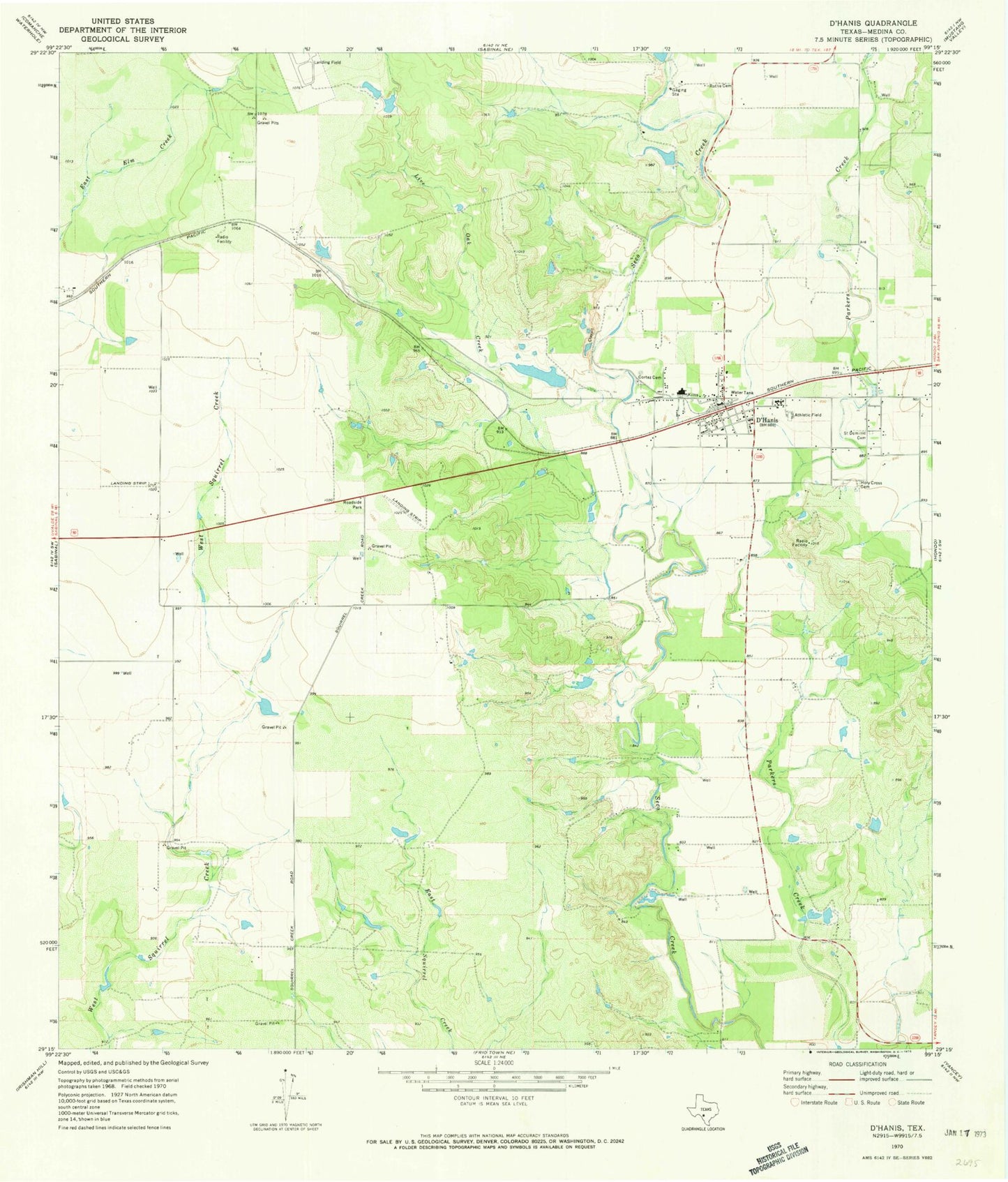 Classic USGS D'Hanis Texas 7.5'x7.5' Topo Map Image