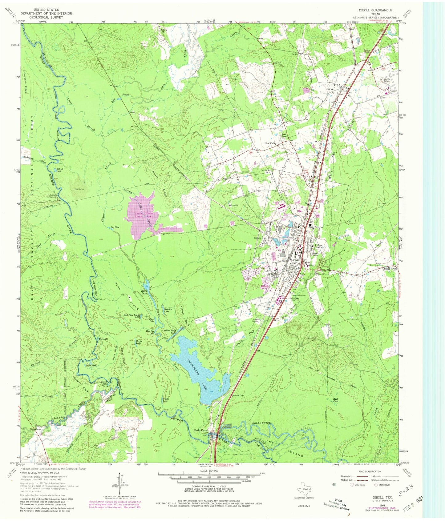 Classic USGS Diboll Texas 7.5'x7.5' Topo Map Image