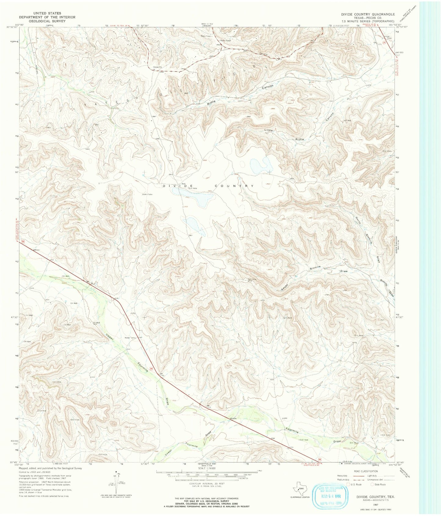Classic USGS Divide Country Texas 7.5'x7.5' Topo Map Image