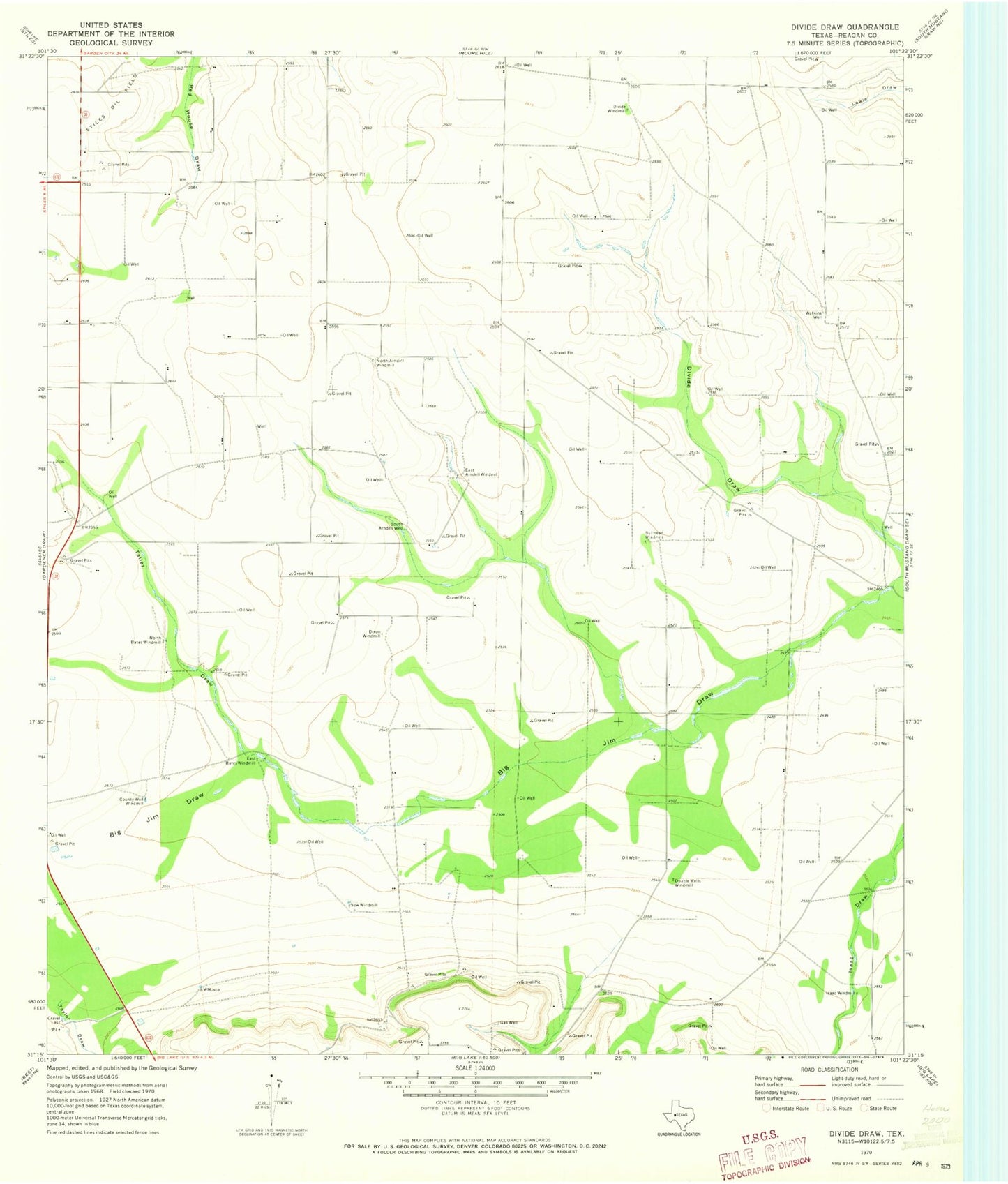 Classic USGS Divide Draw Texas 7.5'x7.5' Topo Map Image