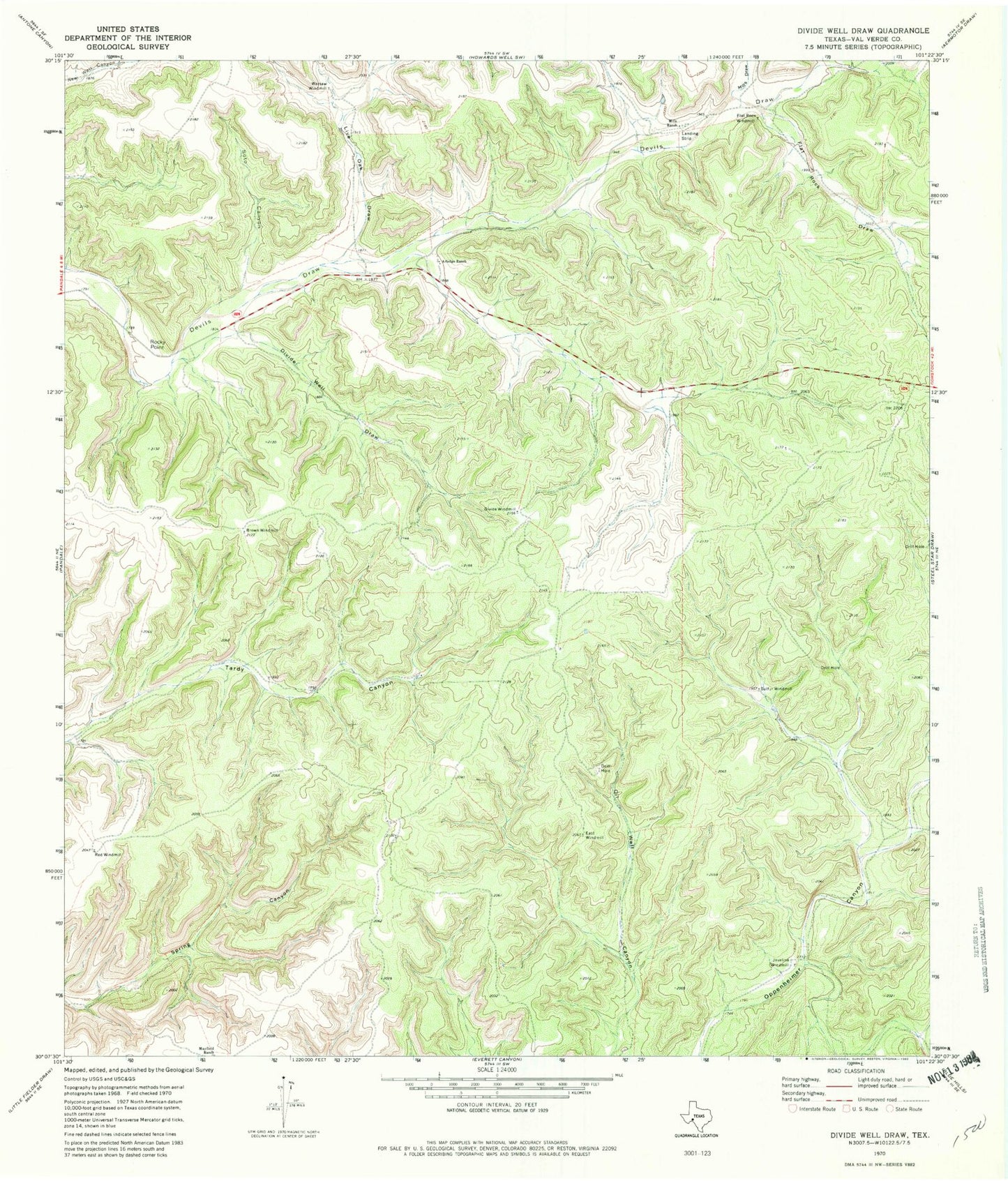 Classic USGS Divide Well Draw Texas 7.5'x7.5' Topo Map Image