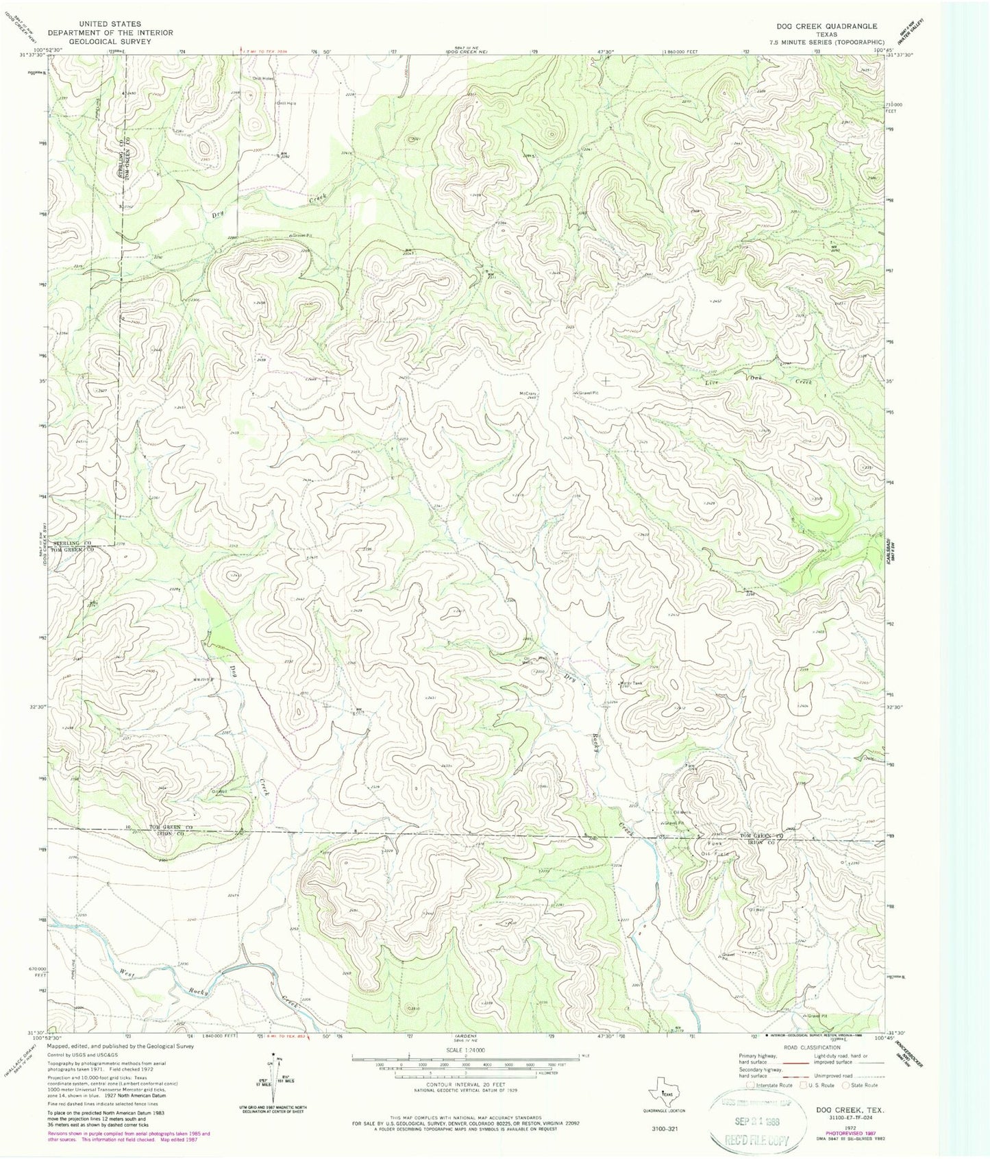Classic USGS Dog Creek Texas 7.5'x7.5' Topo Map Image