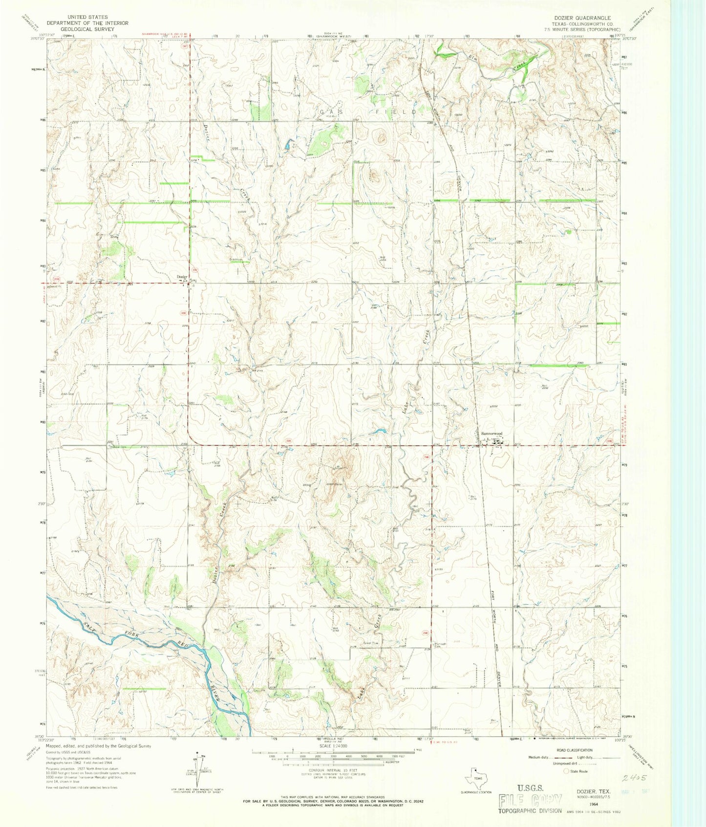 Classic USGS Dozier Texas 7.5'x7.5' Topo Map Image