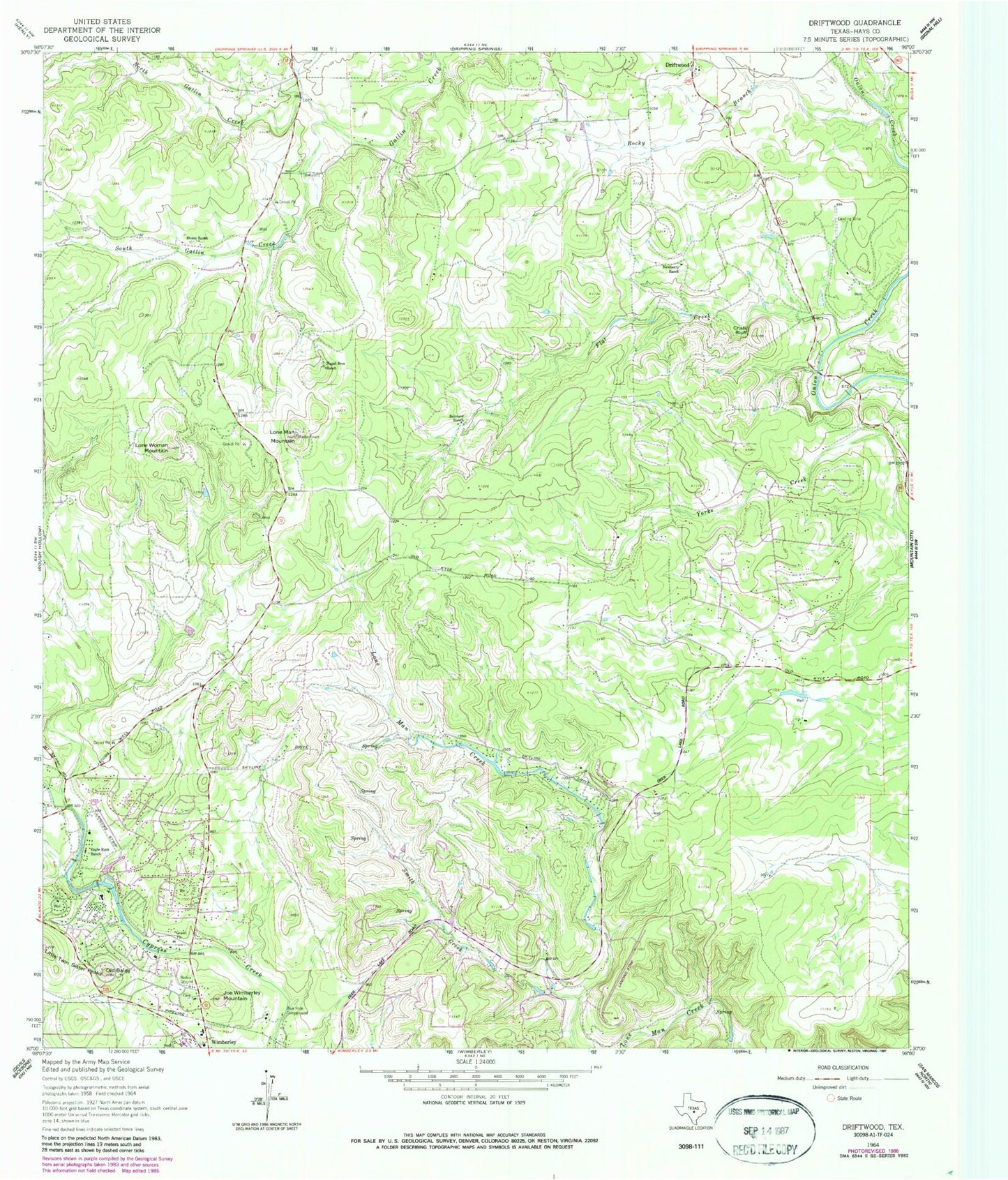 Classic USGS Driftwood Texas 7.5'x7.5' Topo Map Image