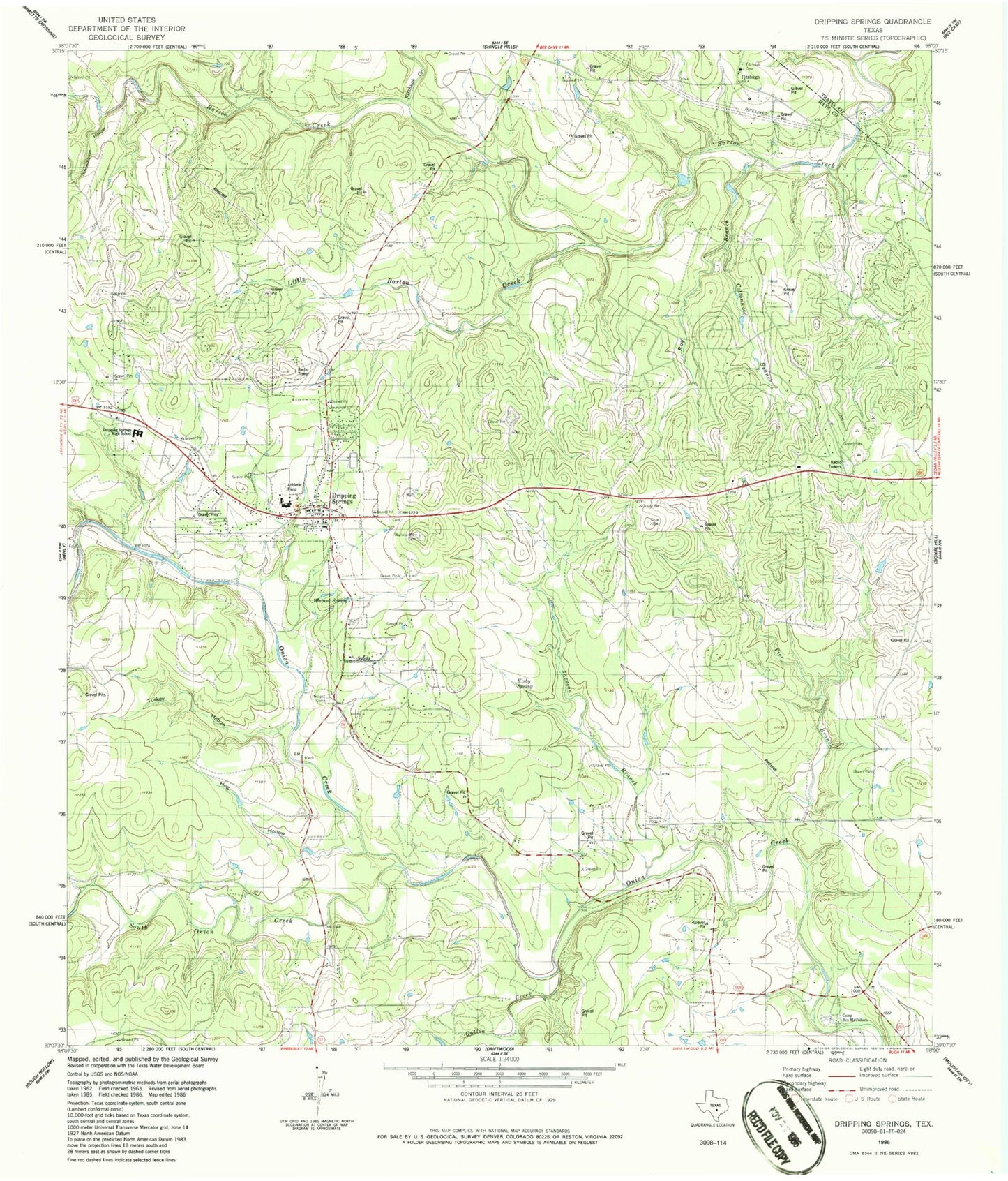 Classic USGS Dripping Springs Texas 7.5'x7.5' Topo Map Image