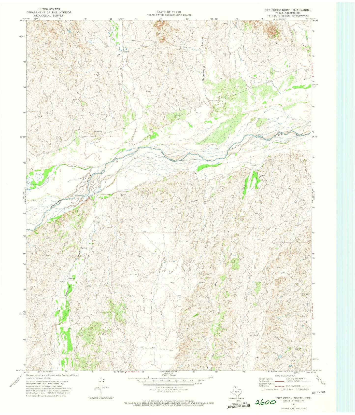 Classic USGS Dry Creek North Texas 7.5'x7.5' Topo Map Image
