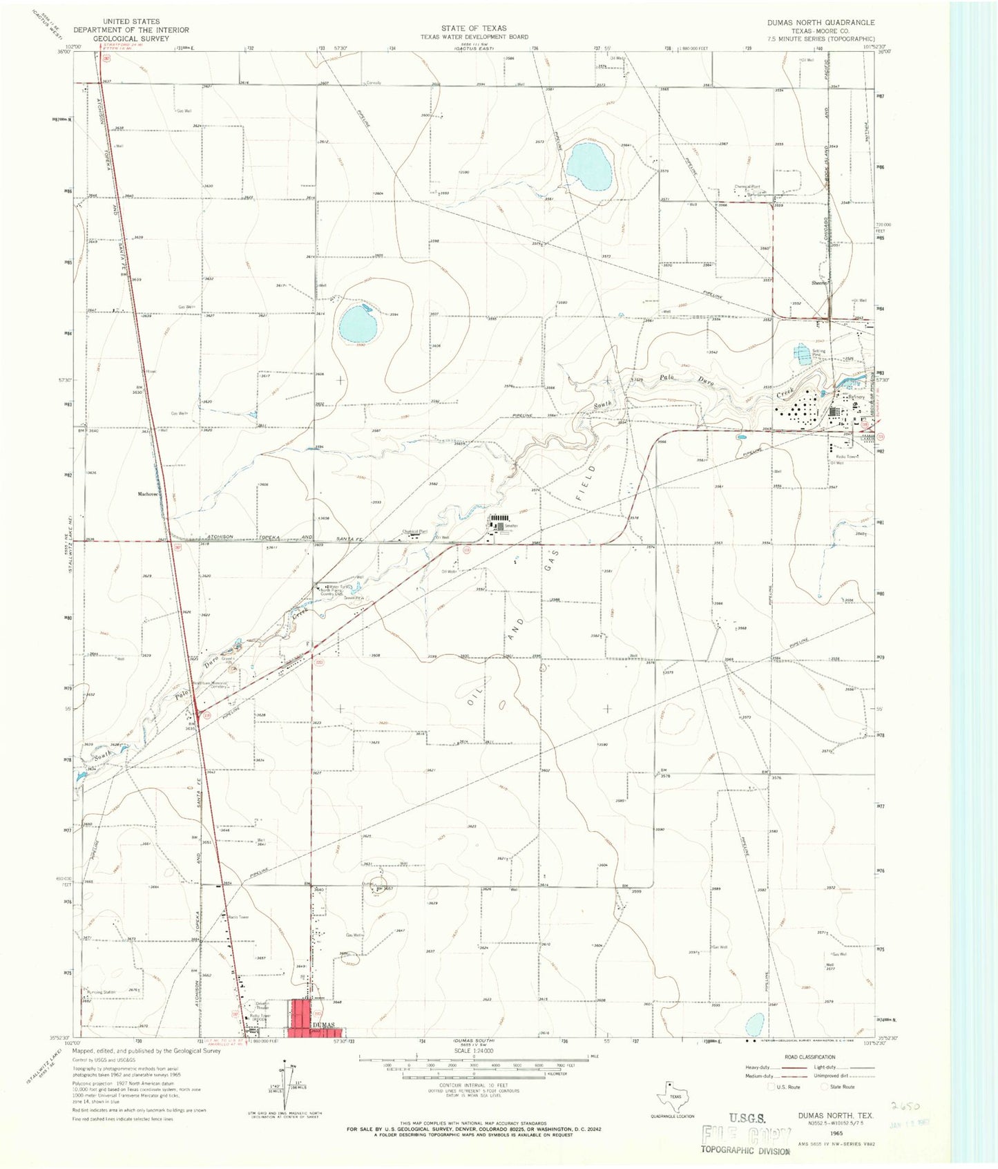 Classic USGS Dumas North Texas 7.5'x7.5' Topo Map Image