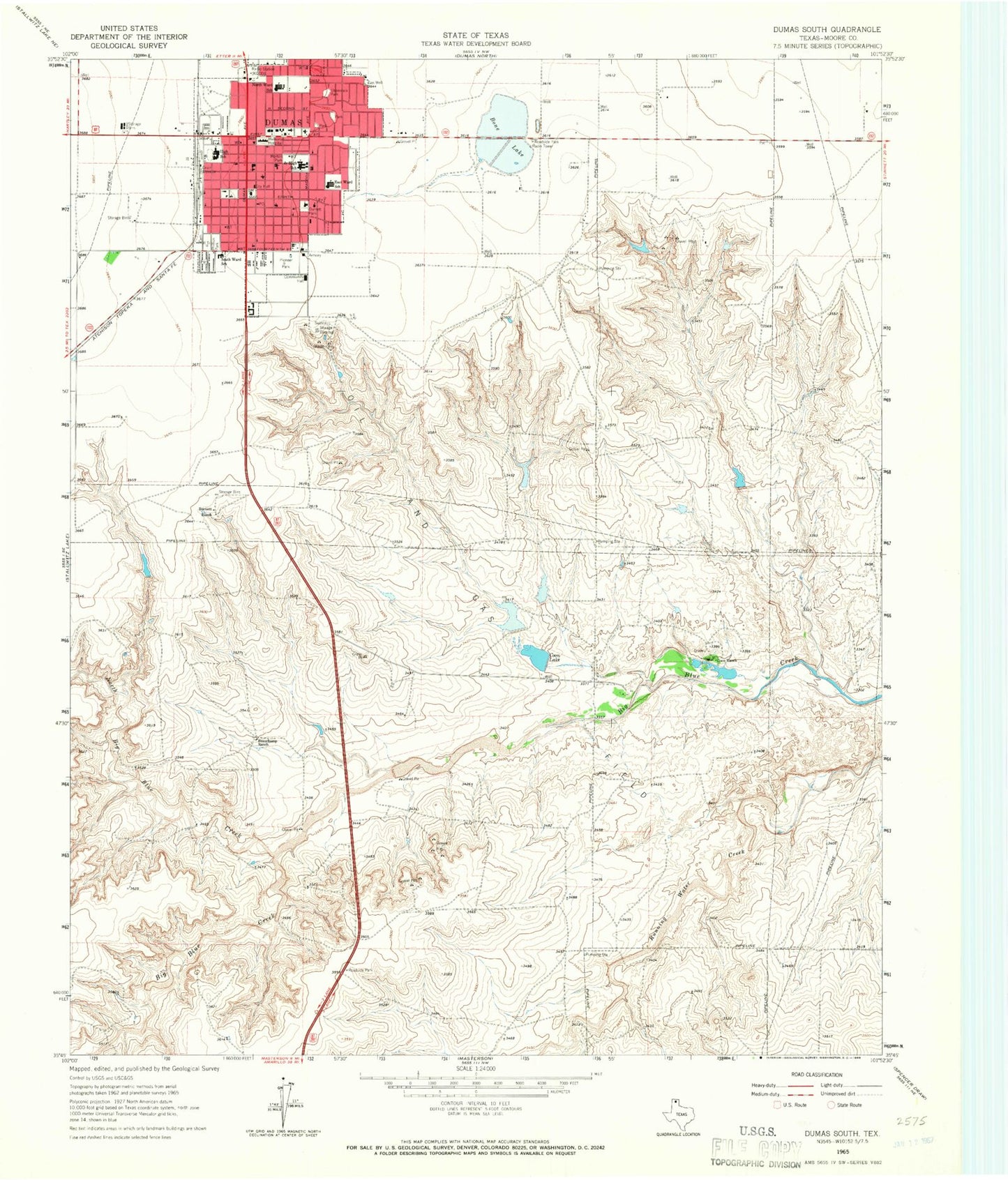 Classic USGS Dumas South Texas 7.5'x7.5' Topo Map Image