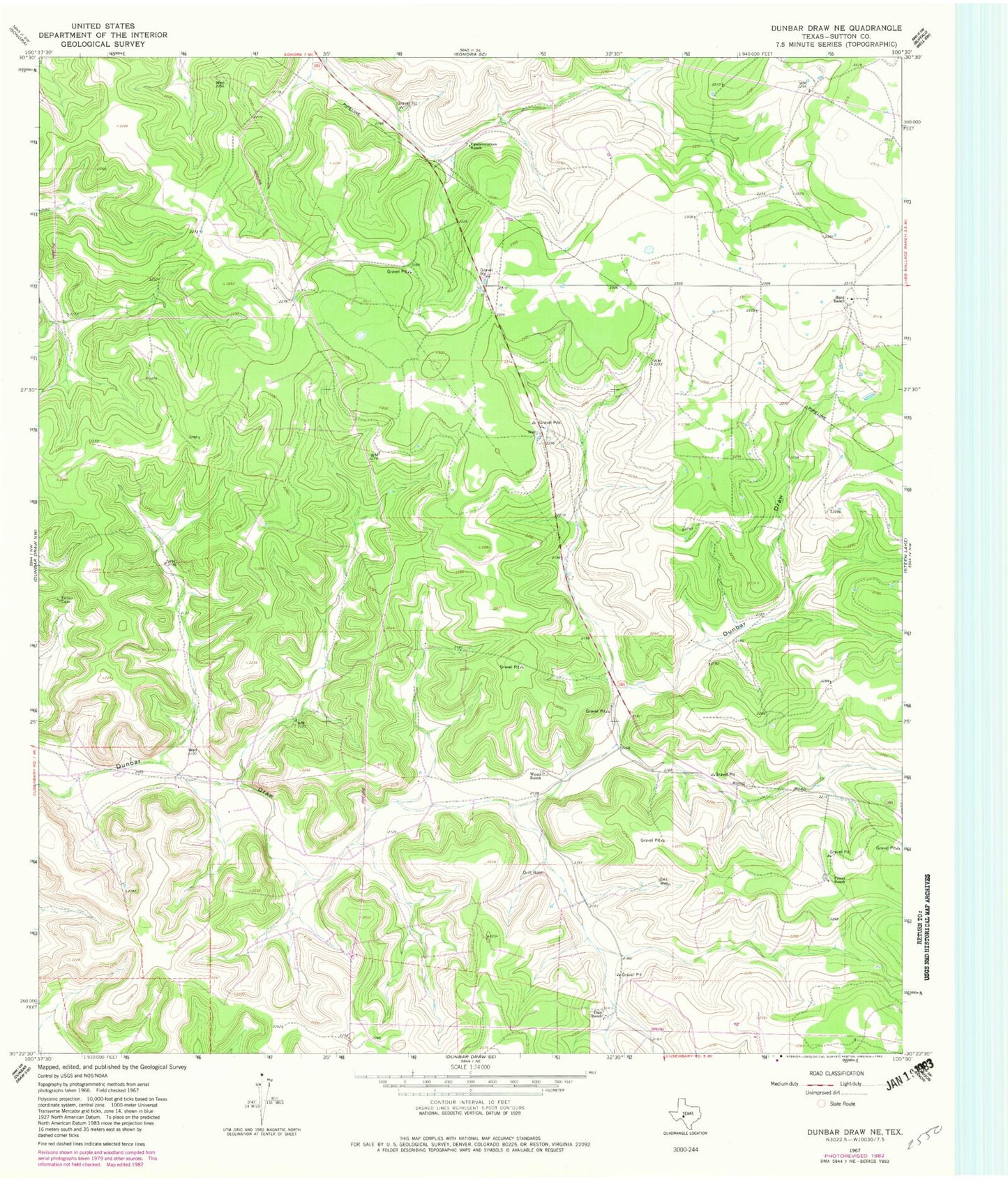 Classic USGS Dunbar Draw NE Texas 7.5'x7.5' Topo Map Image