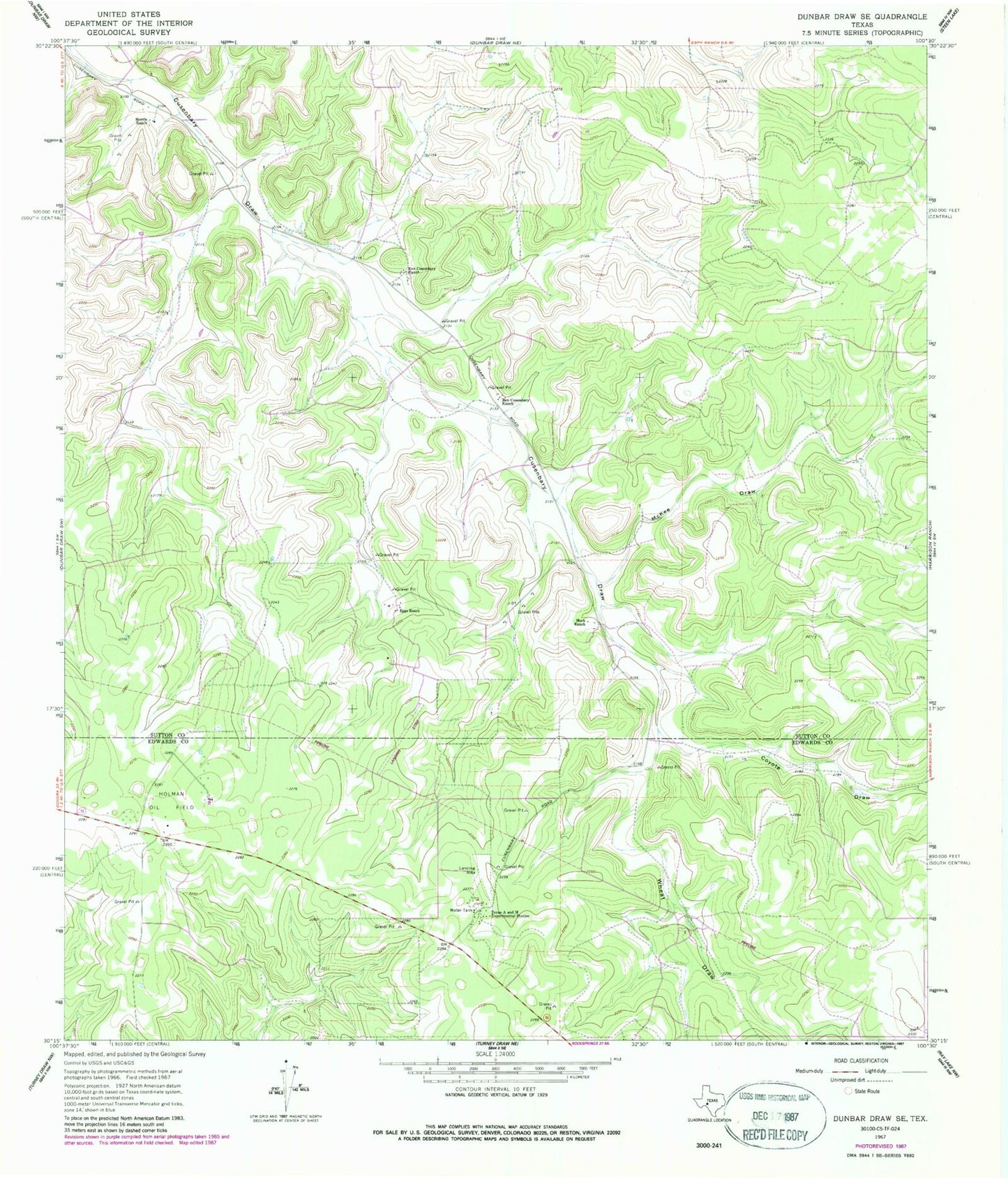 Classic USGS Dunbar Draw SE Texas 7.5'x7.5' Topo Map Image