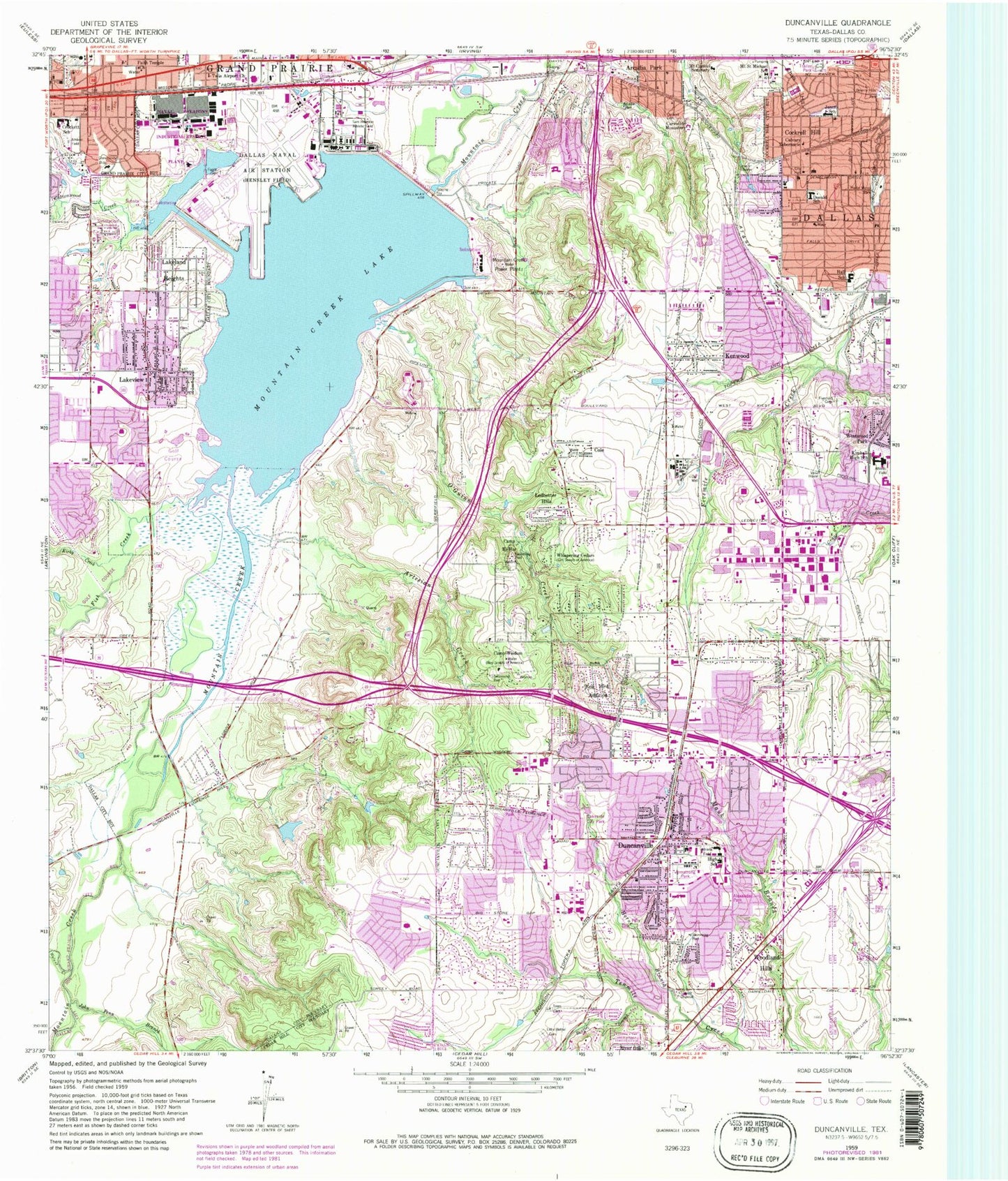 Classic USGS Duncanville Texas 7.5'x7.5' Topo Map Image