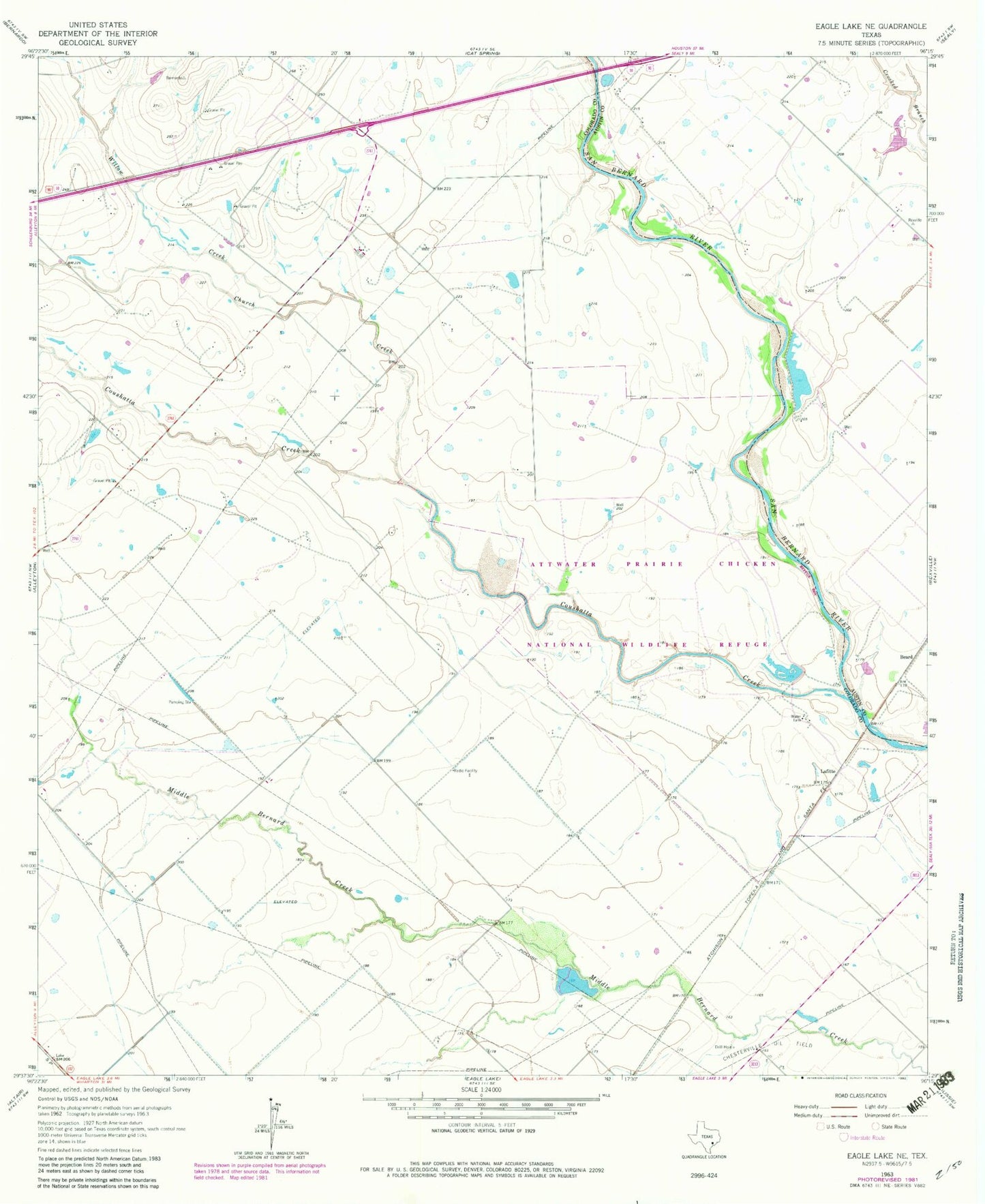 Classic USGS Eagle Lake NE Texas 7.5'x7.5' Topo Map Image