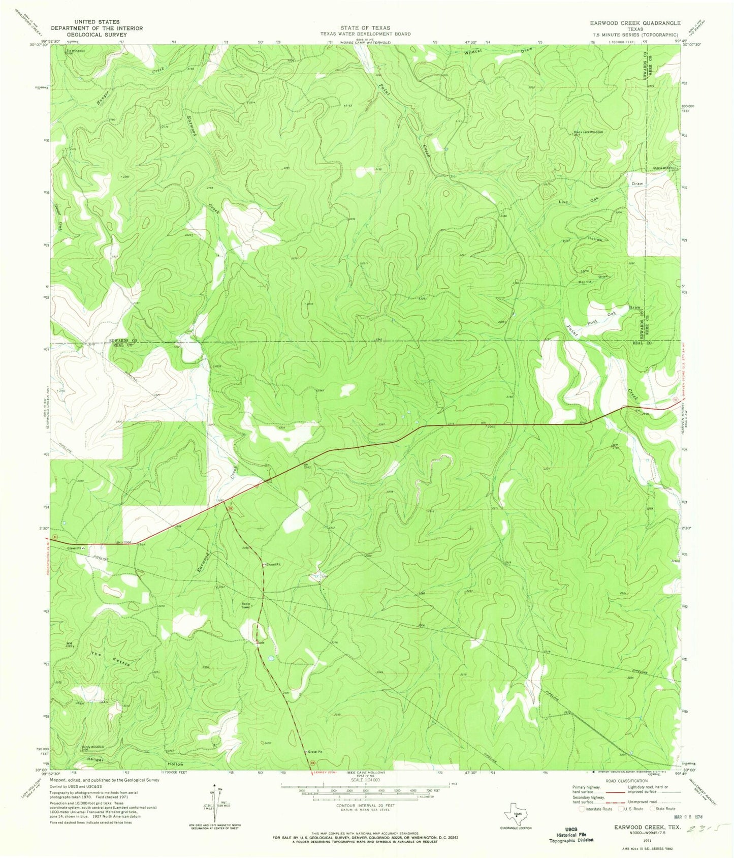 Classic USGS Earwood Creek Texas 7.5'x7.5' Topo Map Image
